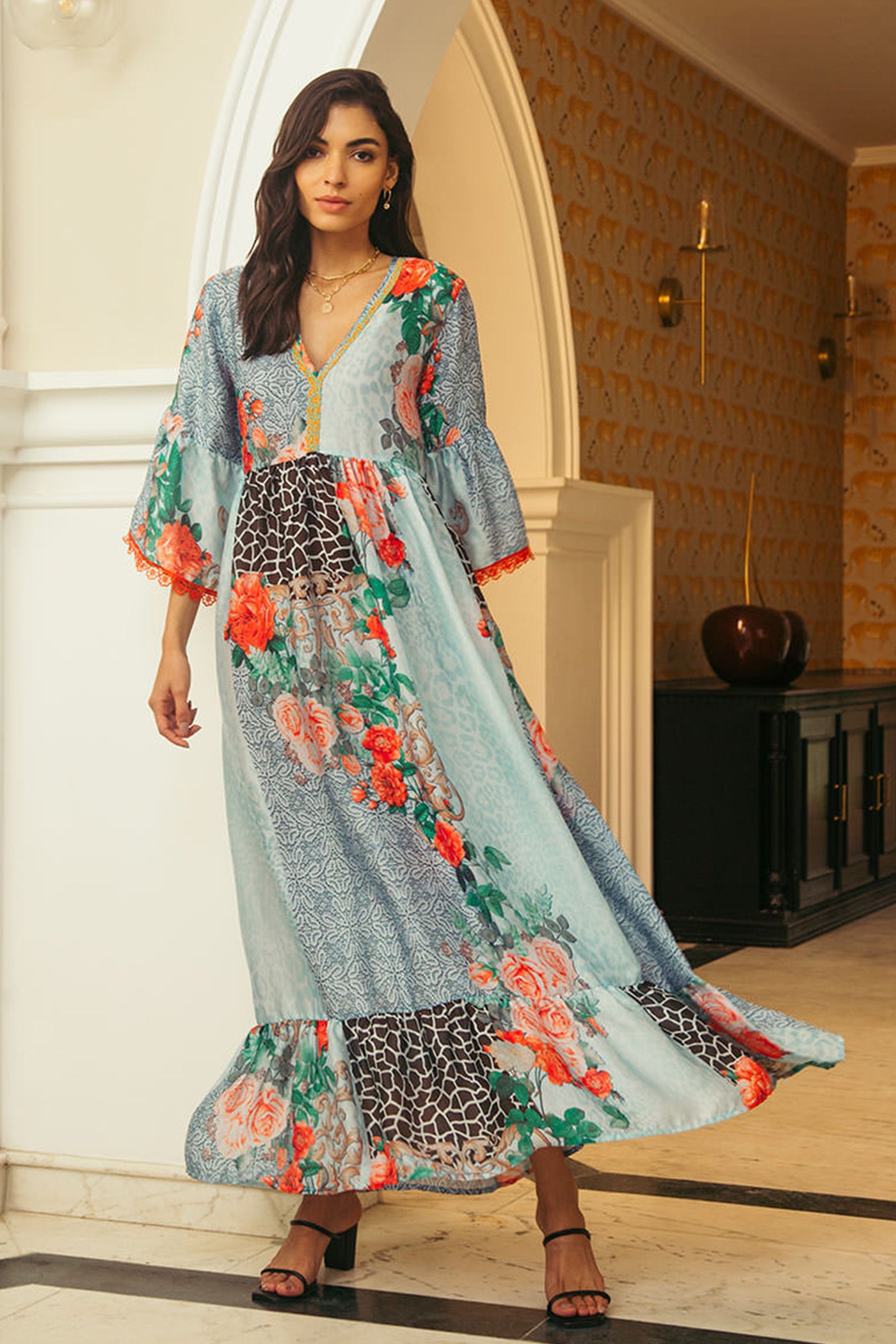 maxi dress with embroidered neck