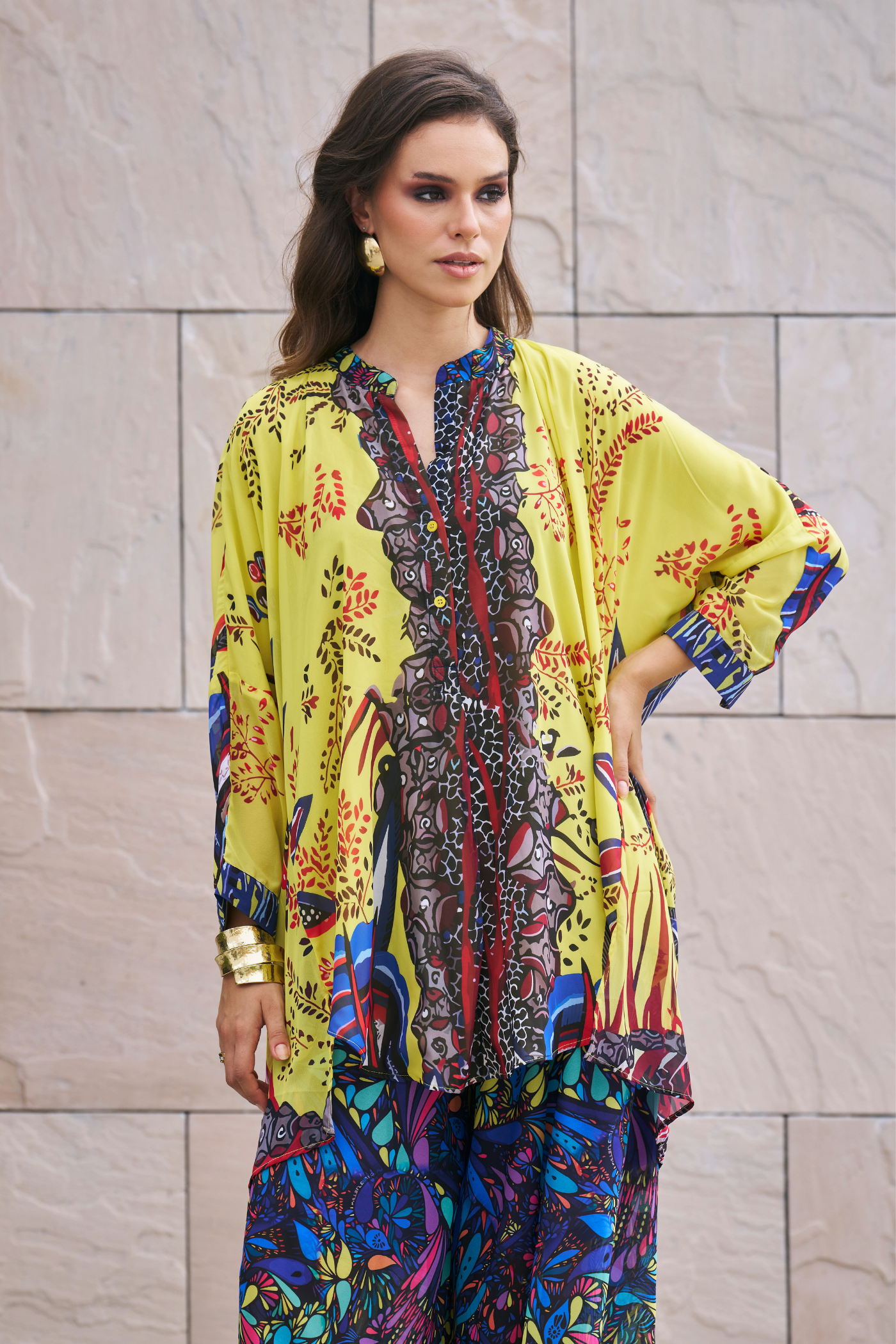 Printed Long Top With Wide Leg Pants