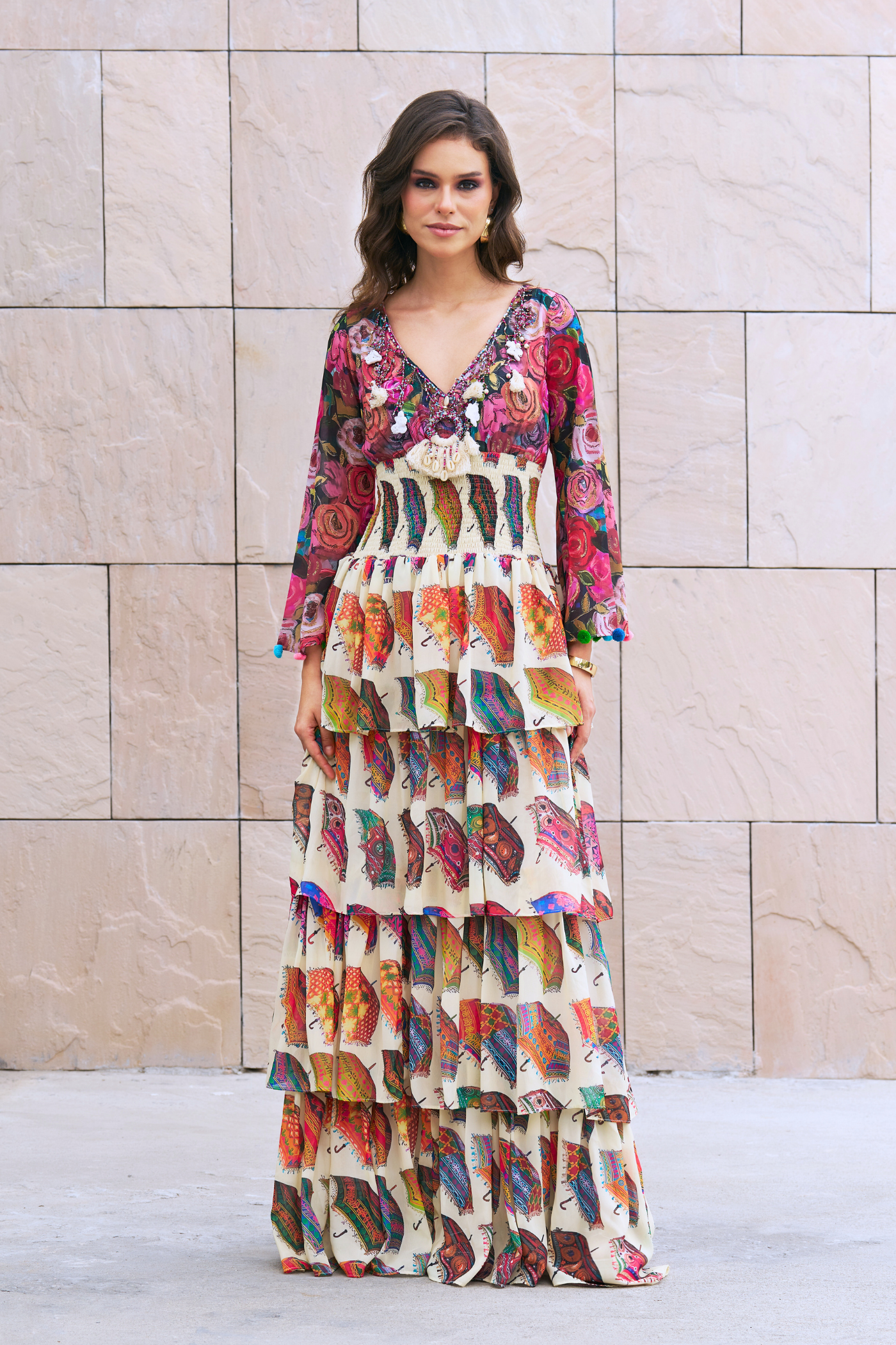 SHRIYA DWIVEDI In Umbrella Printed Tier Maxi Dress