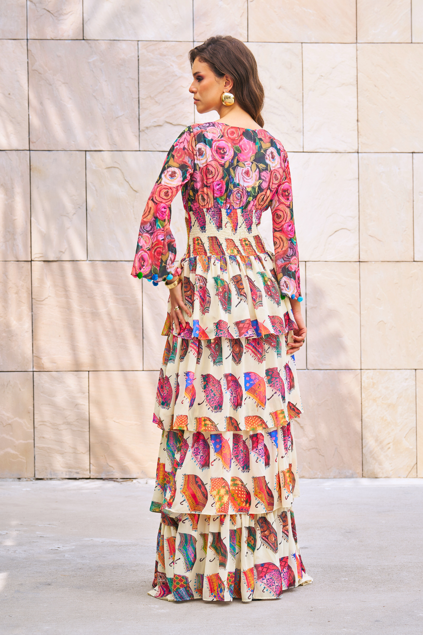 SHRIYA DWIVEDI In Umbrella Printed Tier Maxi Dress