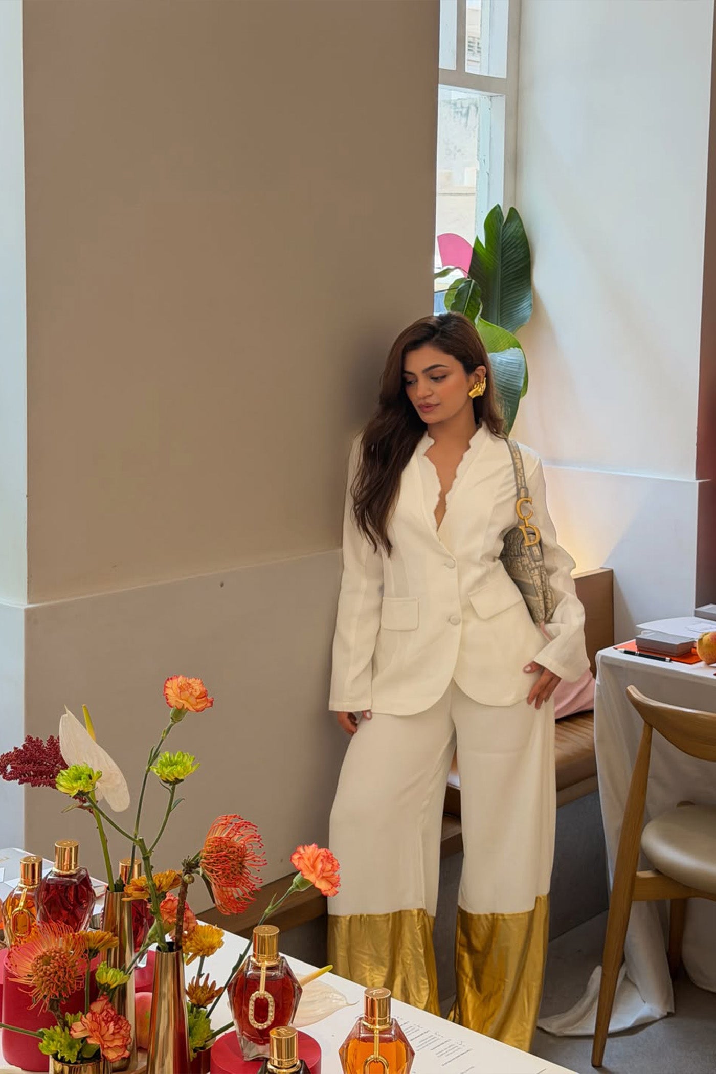 RAJVEE GANDHI In White Embroidered Blazer With Extra Wide Leg Pants