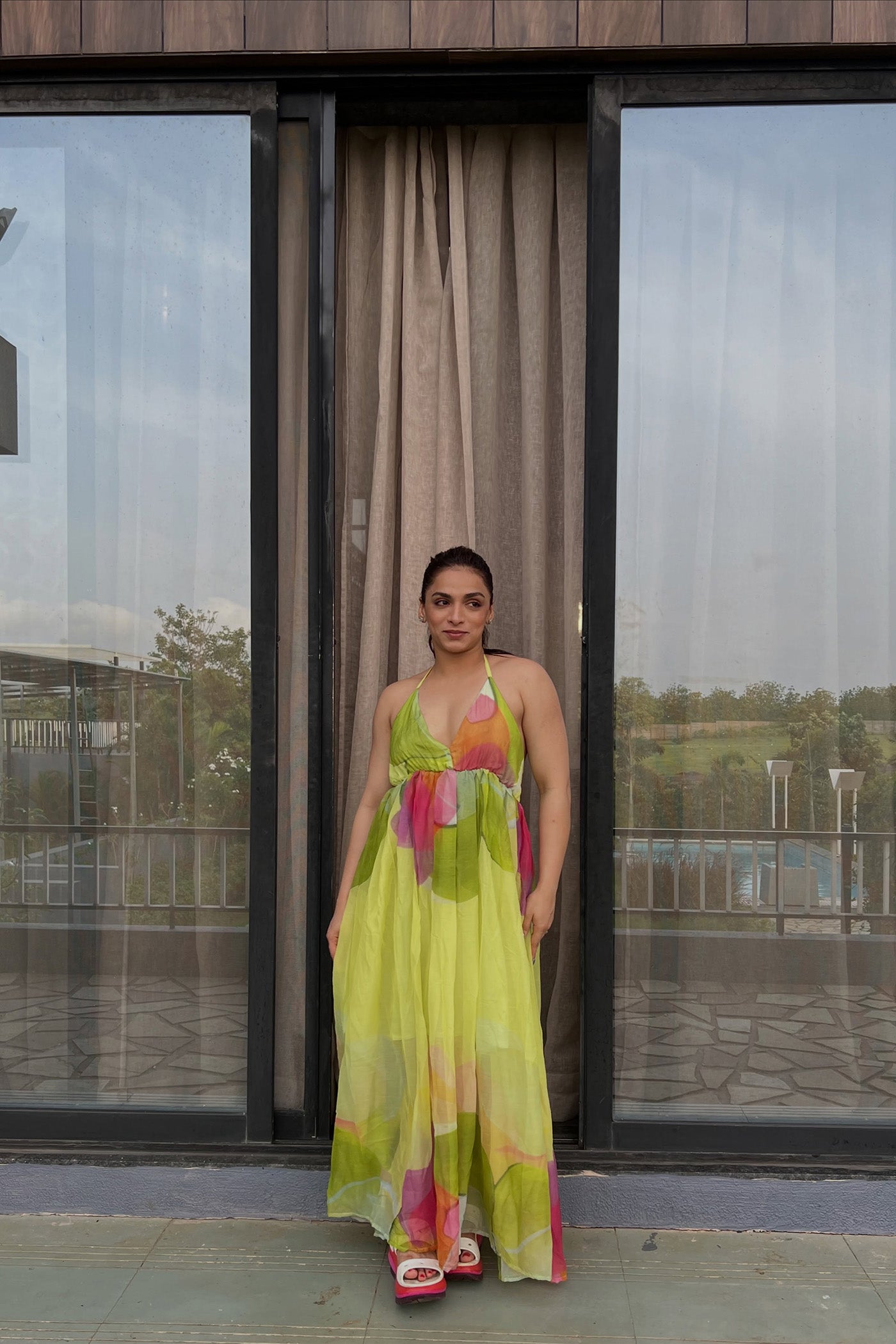 SHIVANI JHA In Green Printed Backless Halter Neck Maxi Dress