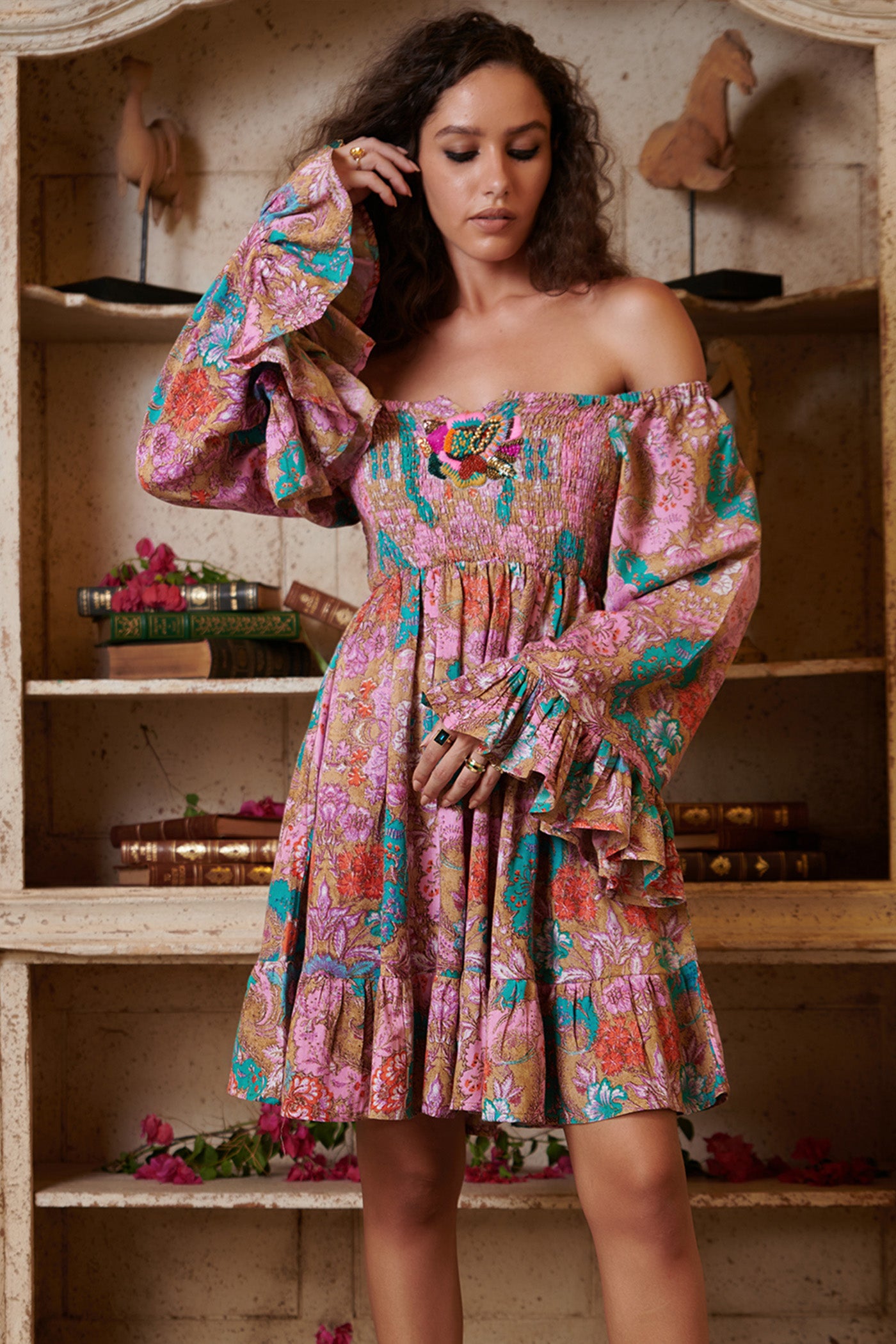 multicolor off the shoulder dress Multicolor Printed Off Shoulder Skater Mini Dress