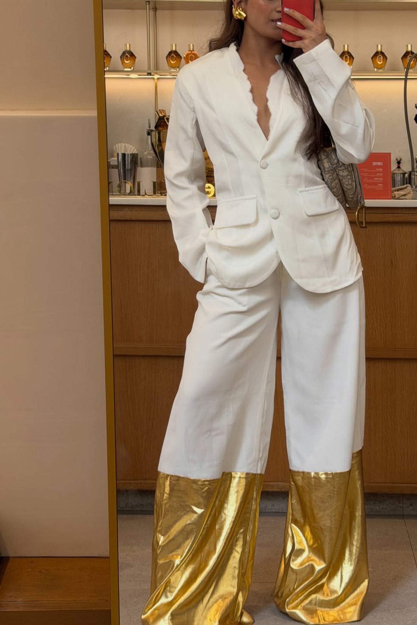 RAJVEE GANDHI In White Embroidered Blazer With Extra Wide Leg Pants