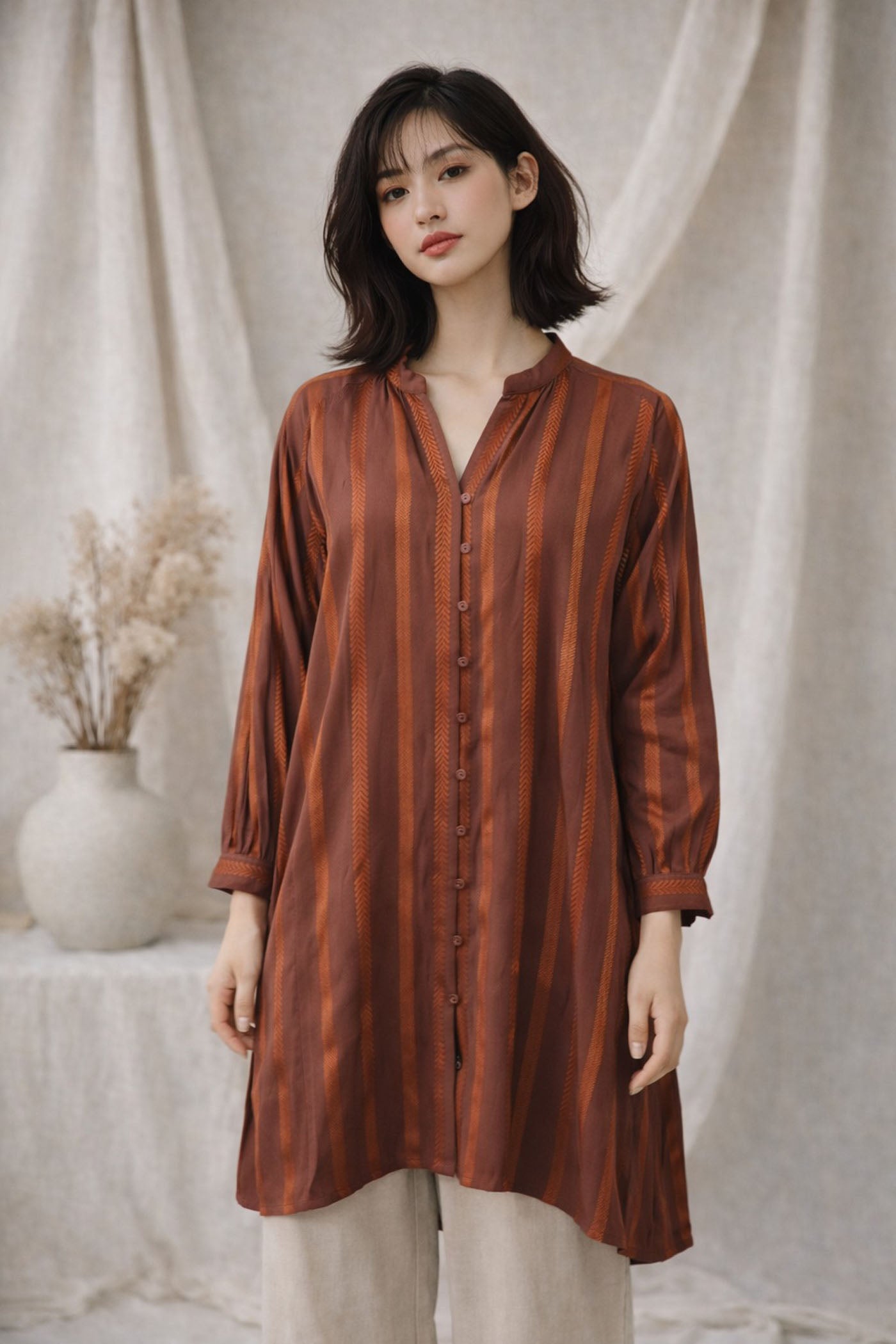 Striped Mandarin Collar Shirt Dress