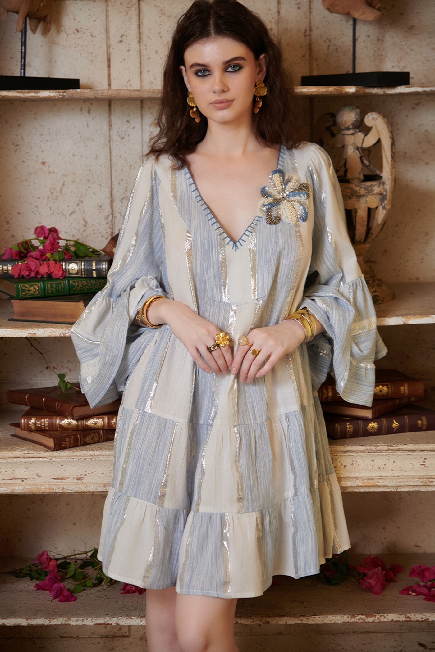 DIGANGANA SURYAVANSHI In Pastel Stripe Embroidered V Neck Mini Tier Dress