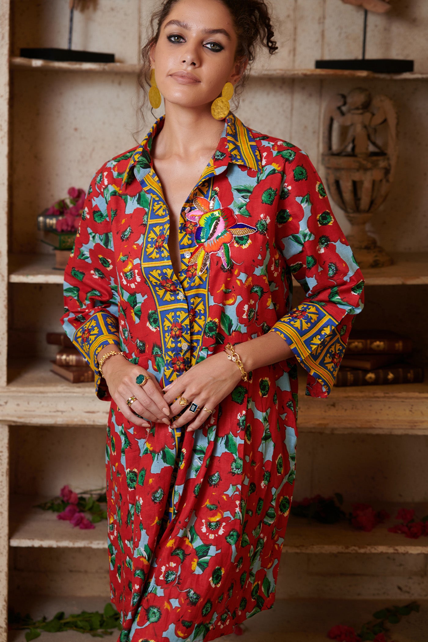 printed mini shirt dress Red Printed Mini Shirt Dress