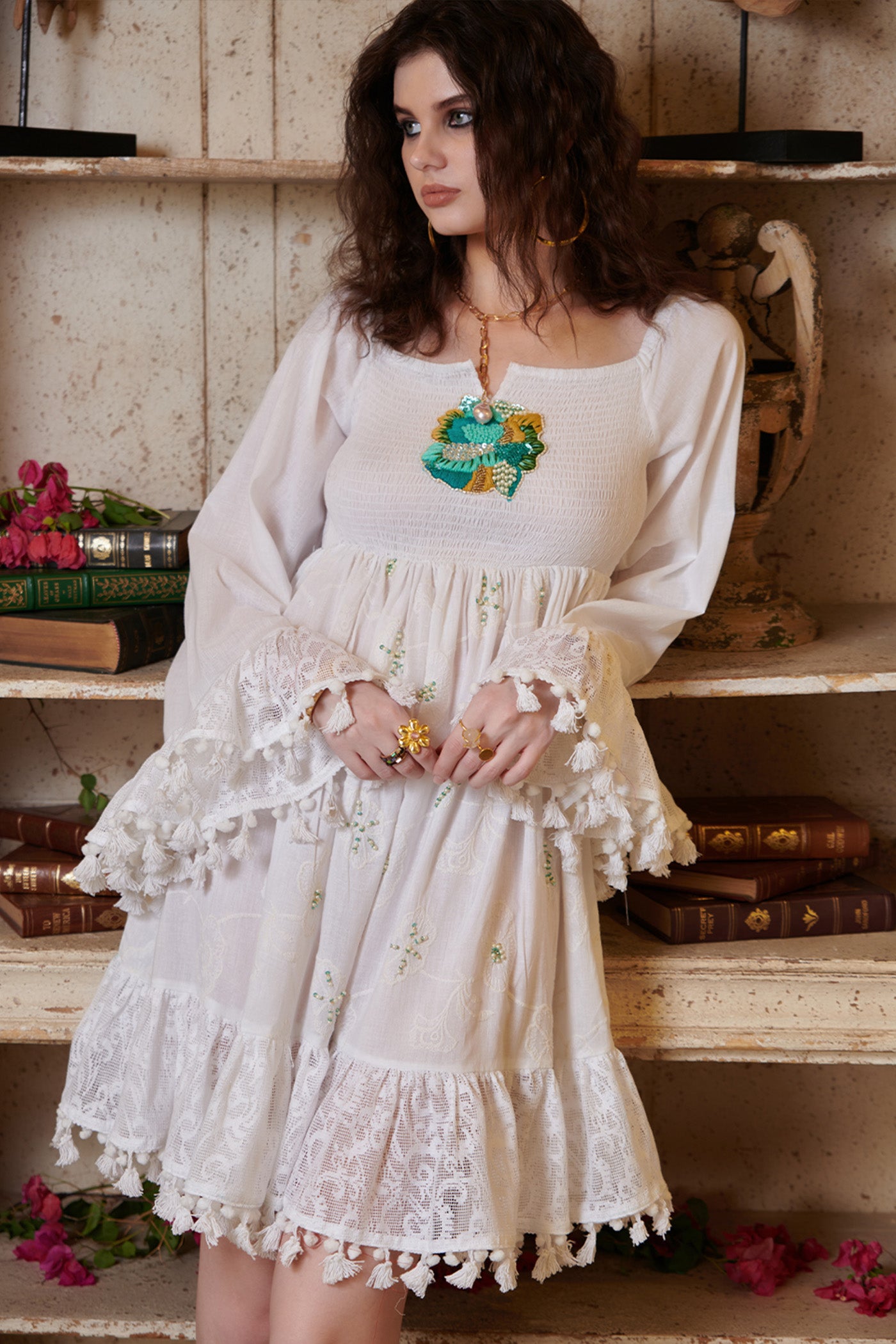 Creme A Line Square Neck Mini Dress