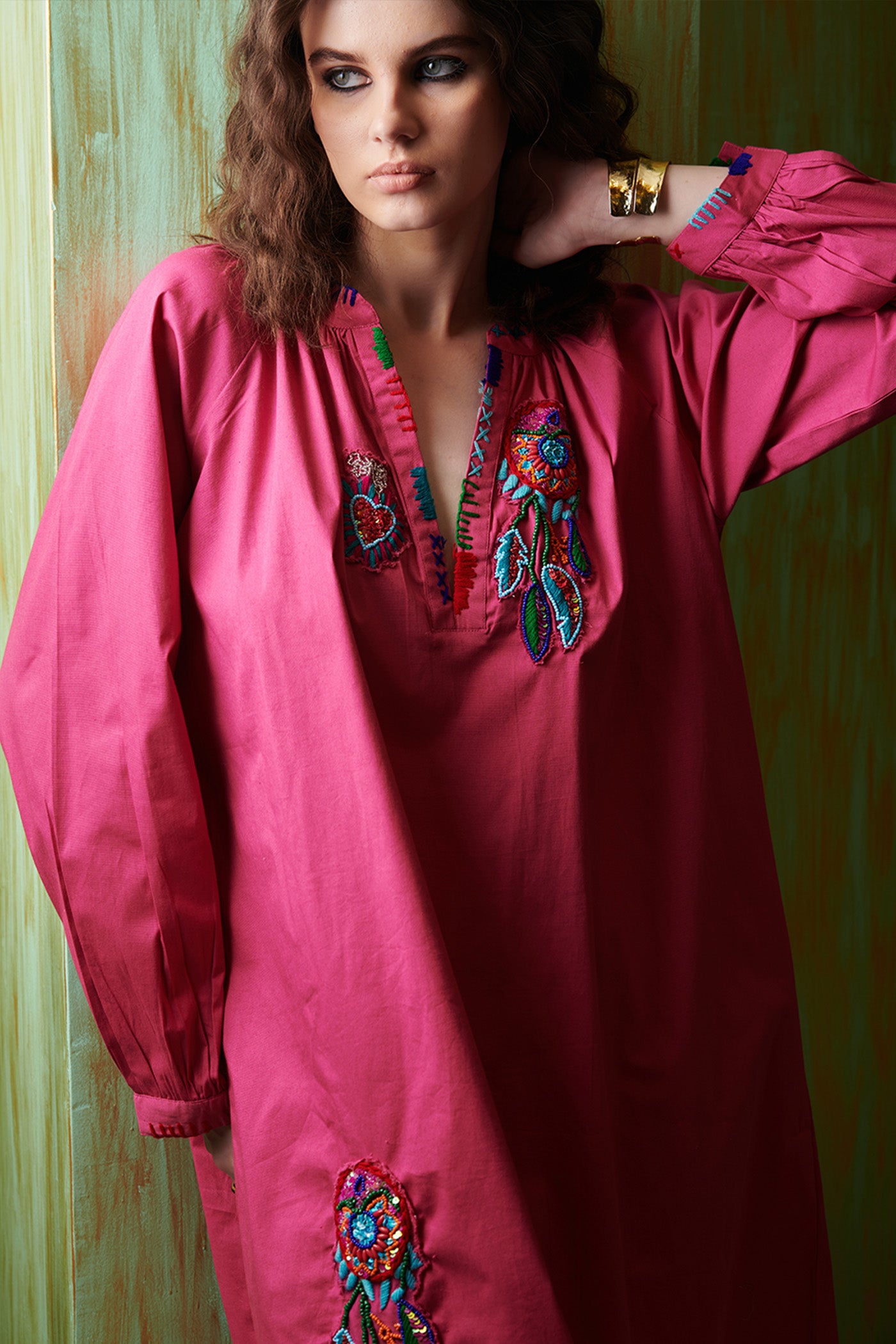 Fuchia Pink Embroidered Mini Straight Dress