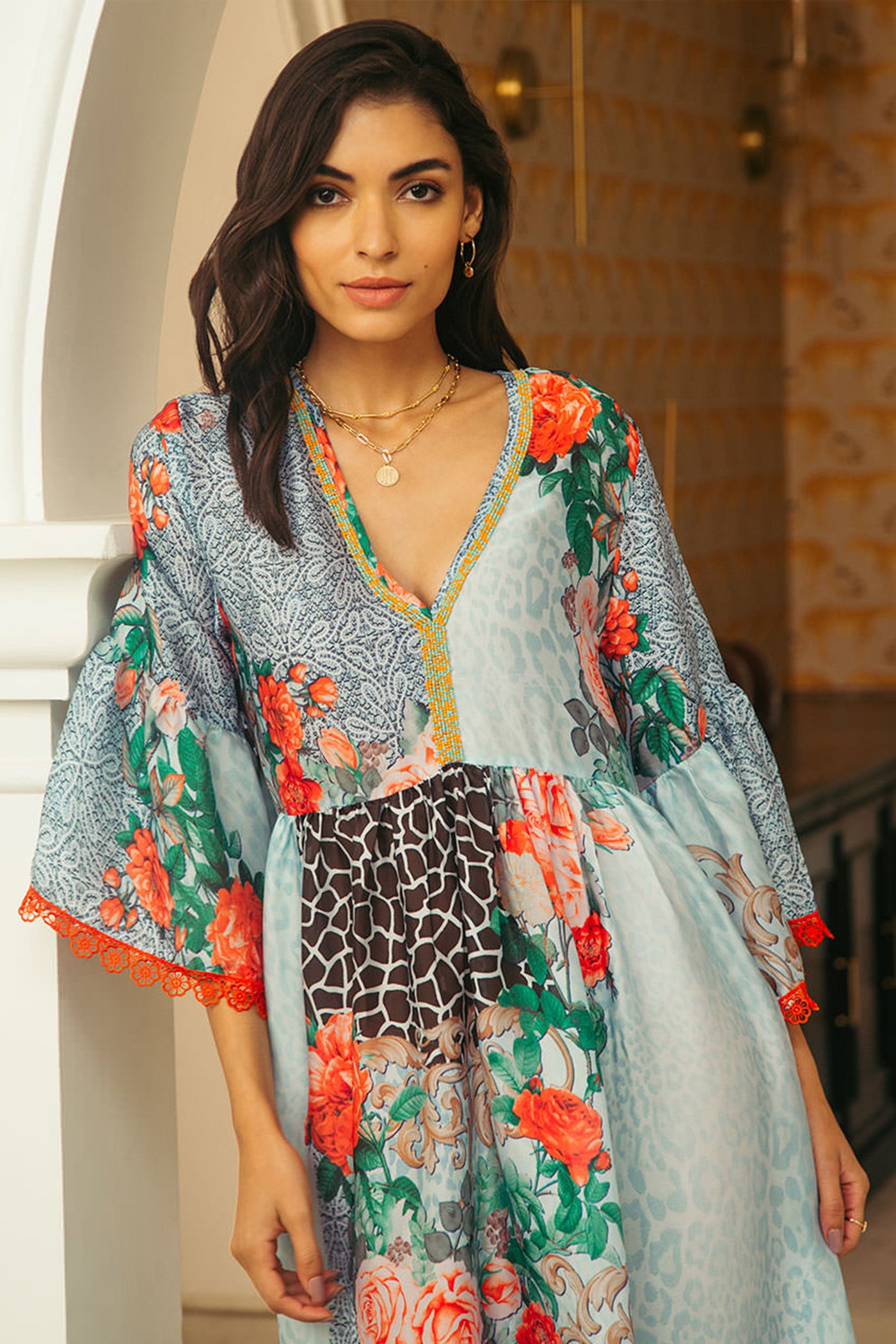 maxi dress with embroidered neck