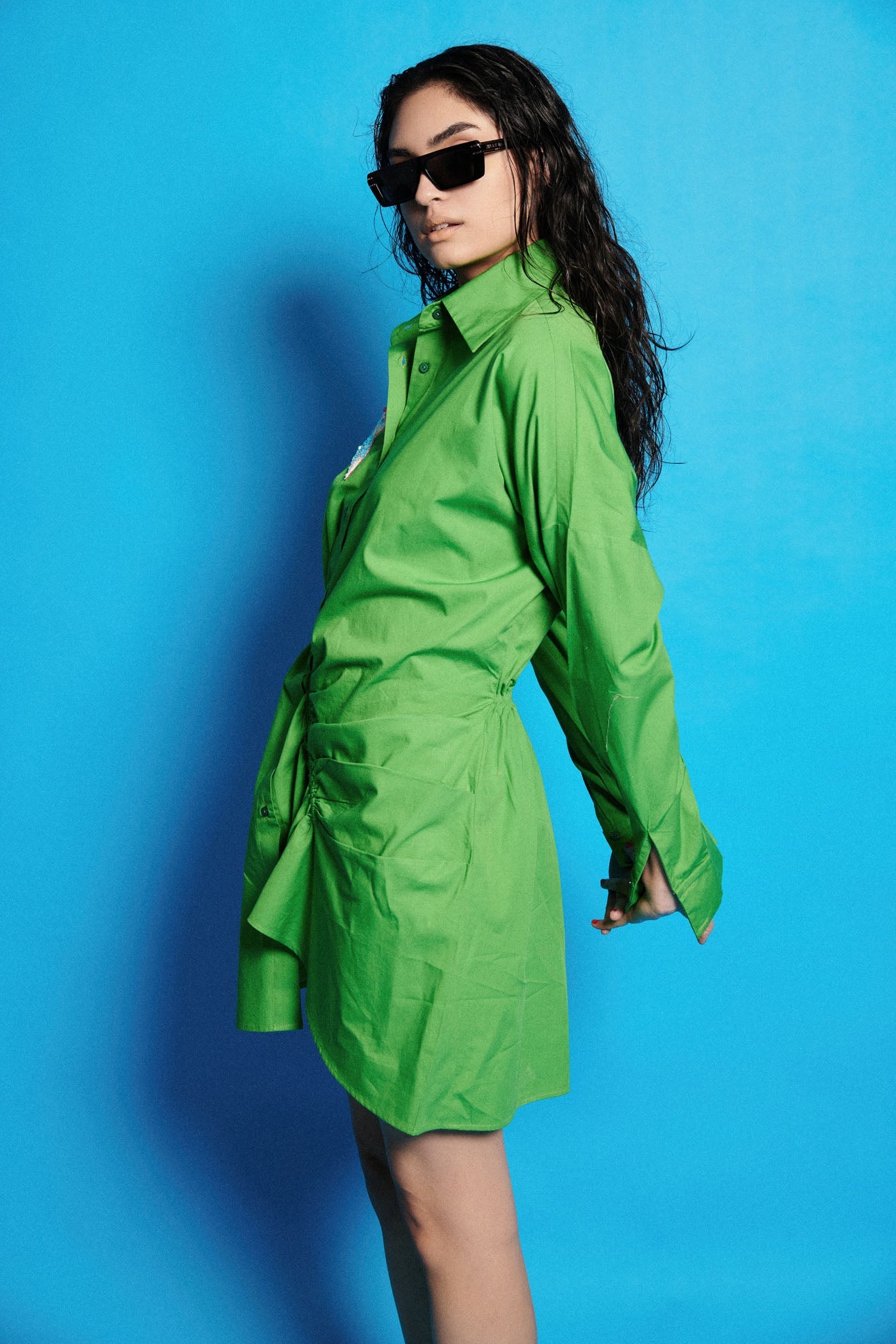 Poplin Ruched Asymmetric Green Hem Dress