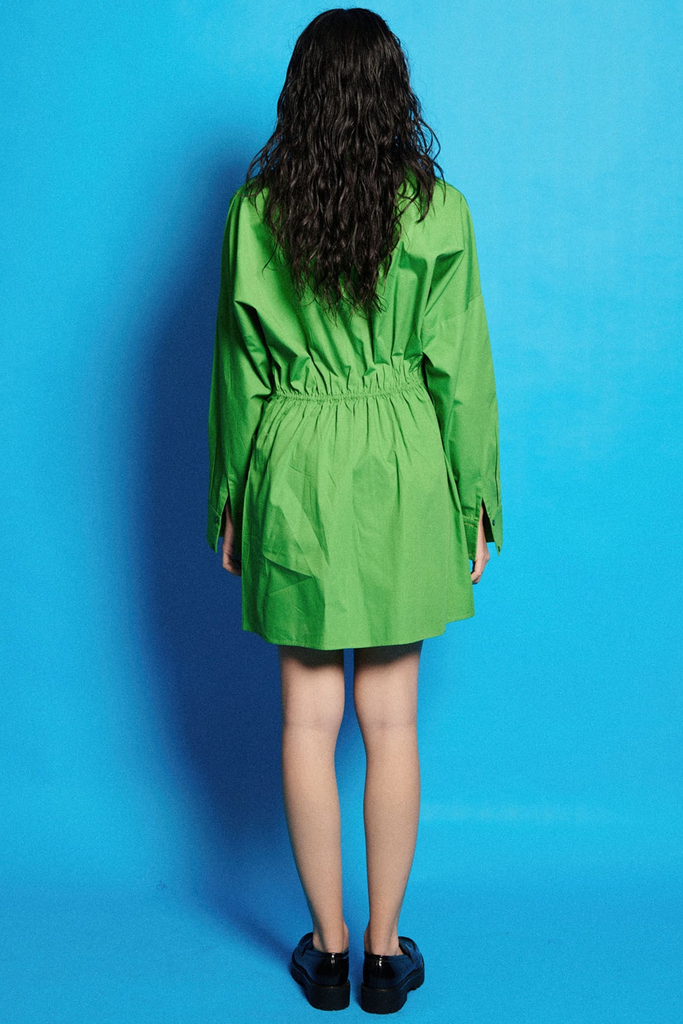 Poplin Ruched Asymmetric Green Hem Dress