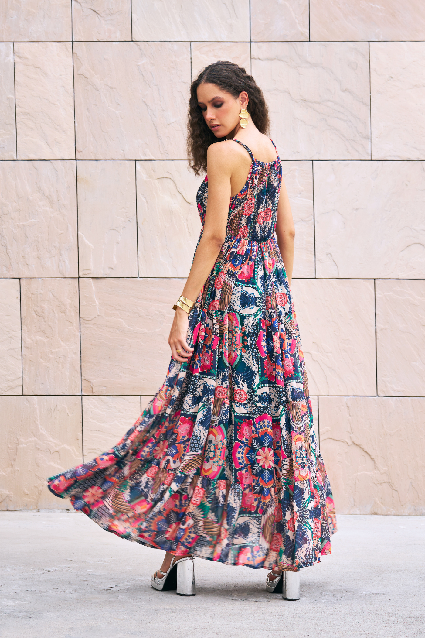 Multicolor Printed Smocking Maxi Dress