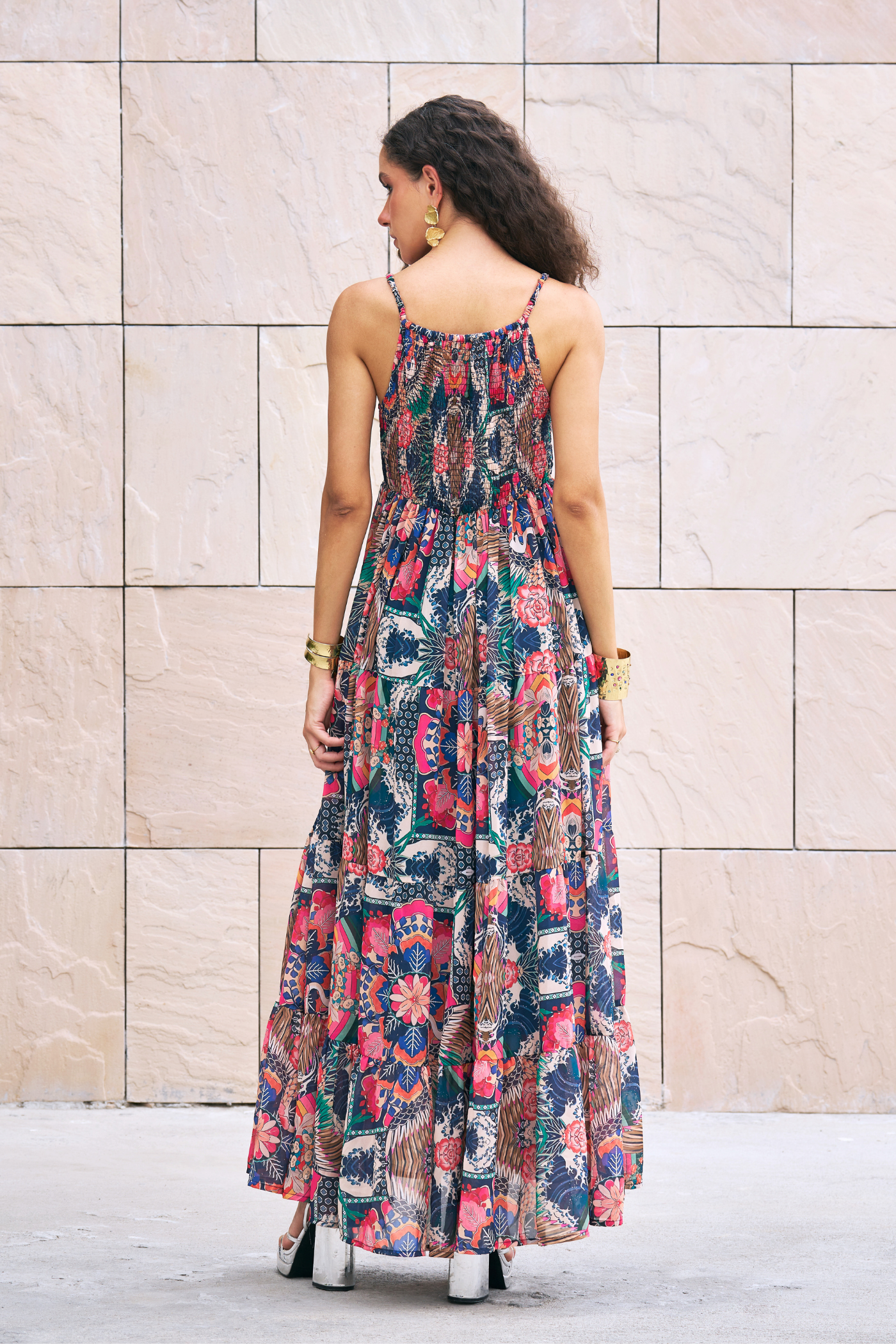 Multicolor Printed Smocking Maxi Dress