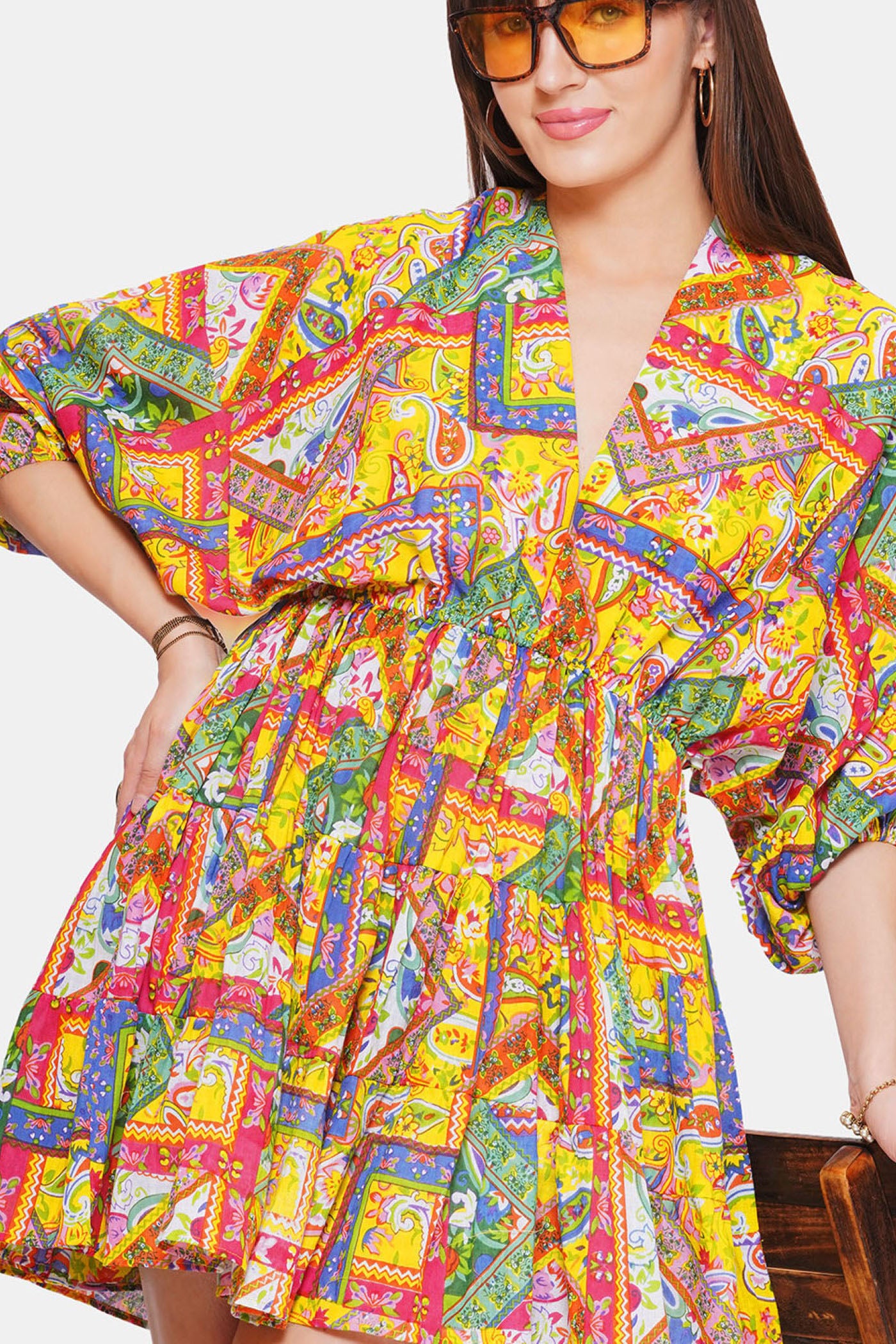 Multi Colour Print V Neck Dress