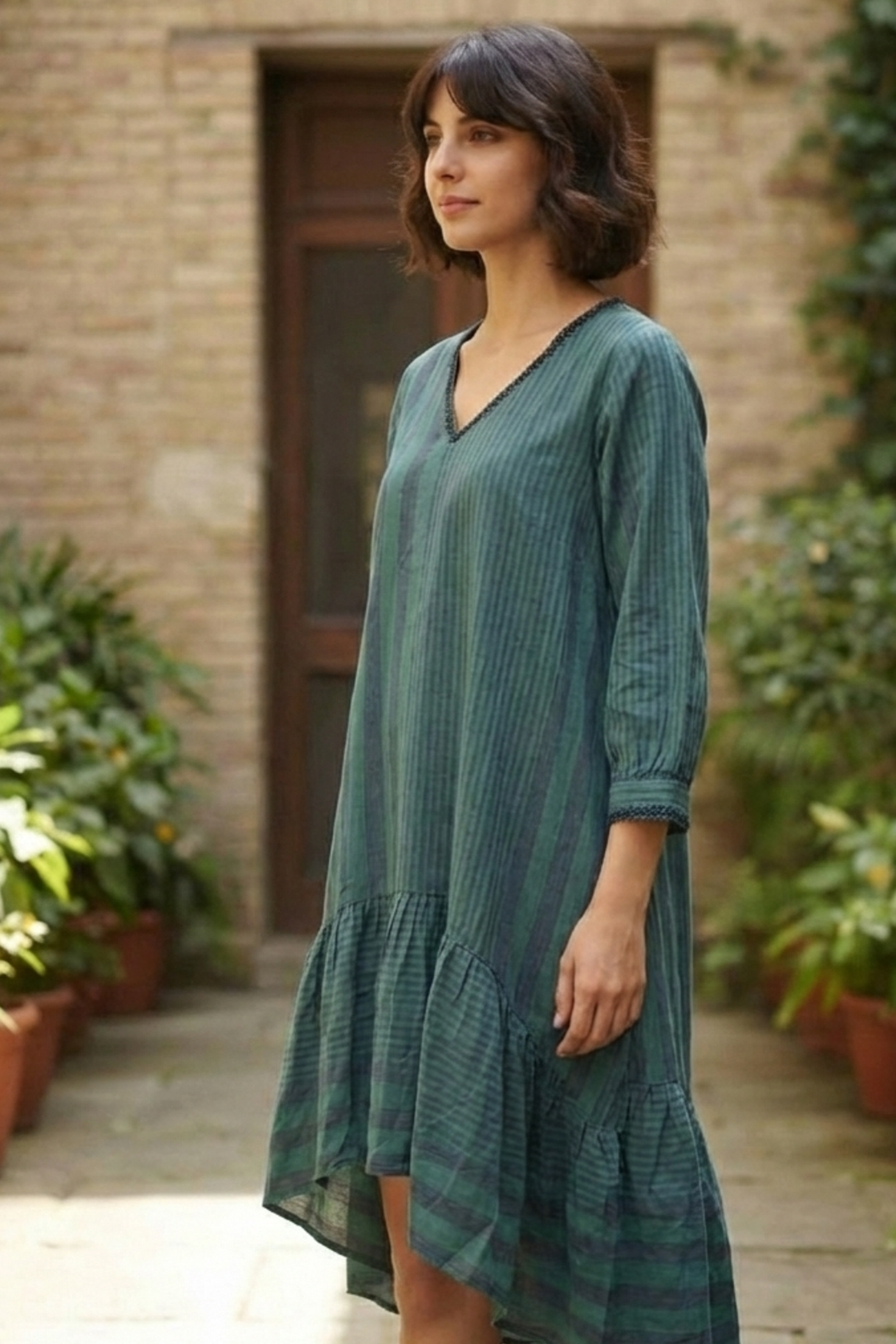 Verdant Stripe Tiered Dress