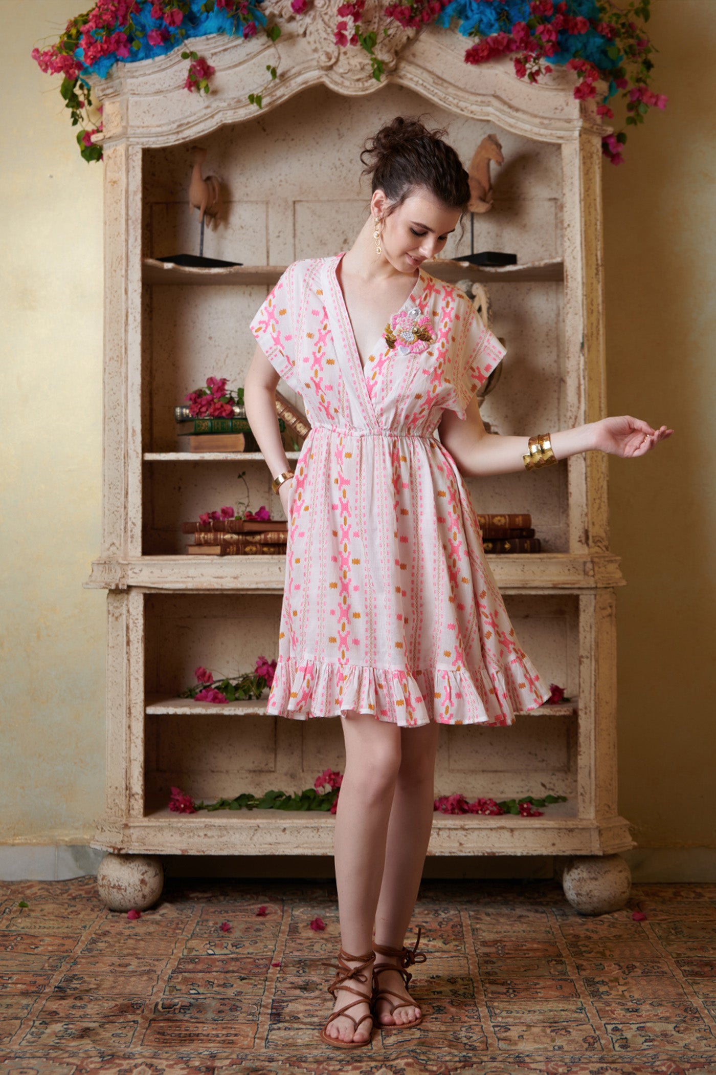 Printed Jaquared Pink Embroidered Mini Dress