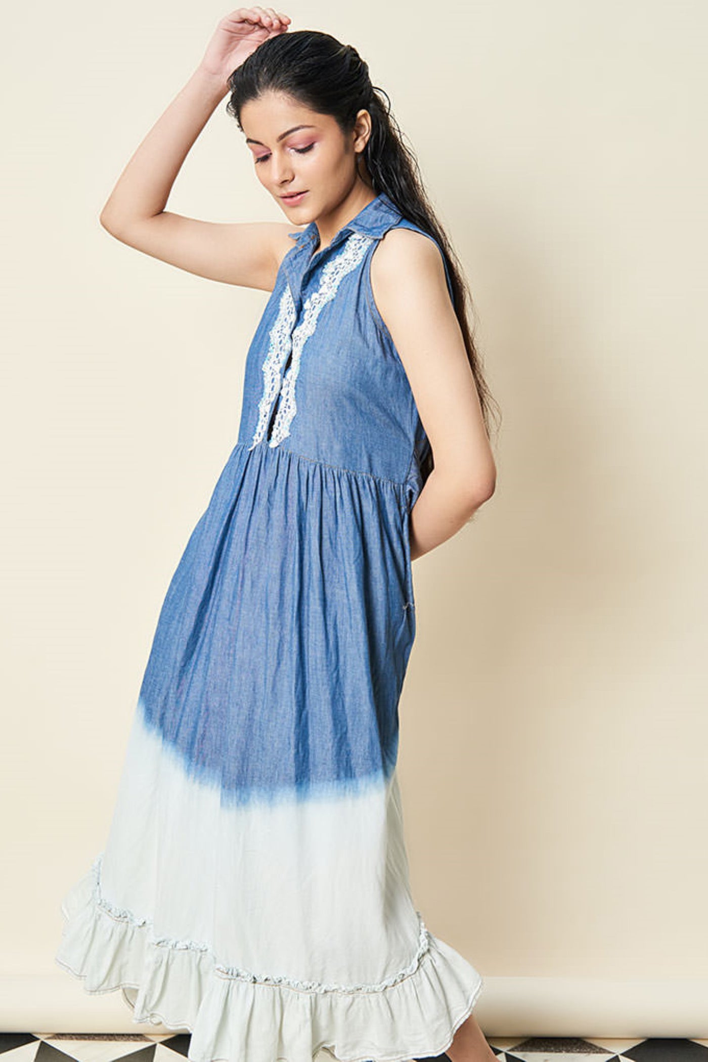 ombre long dress with neck embroidery