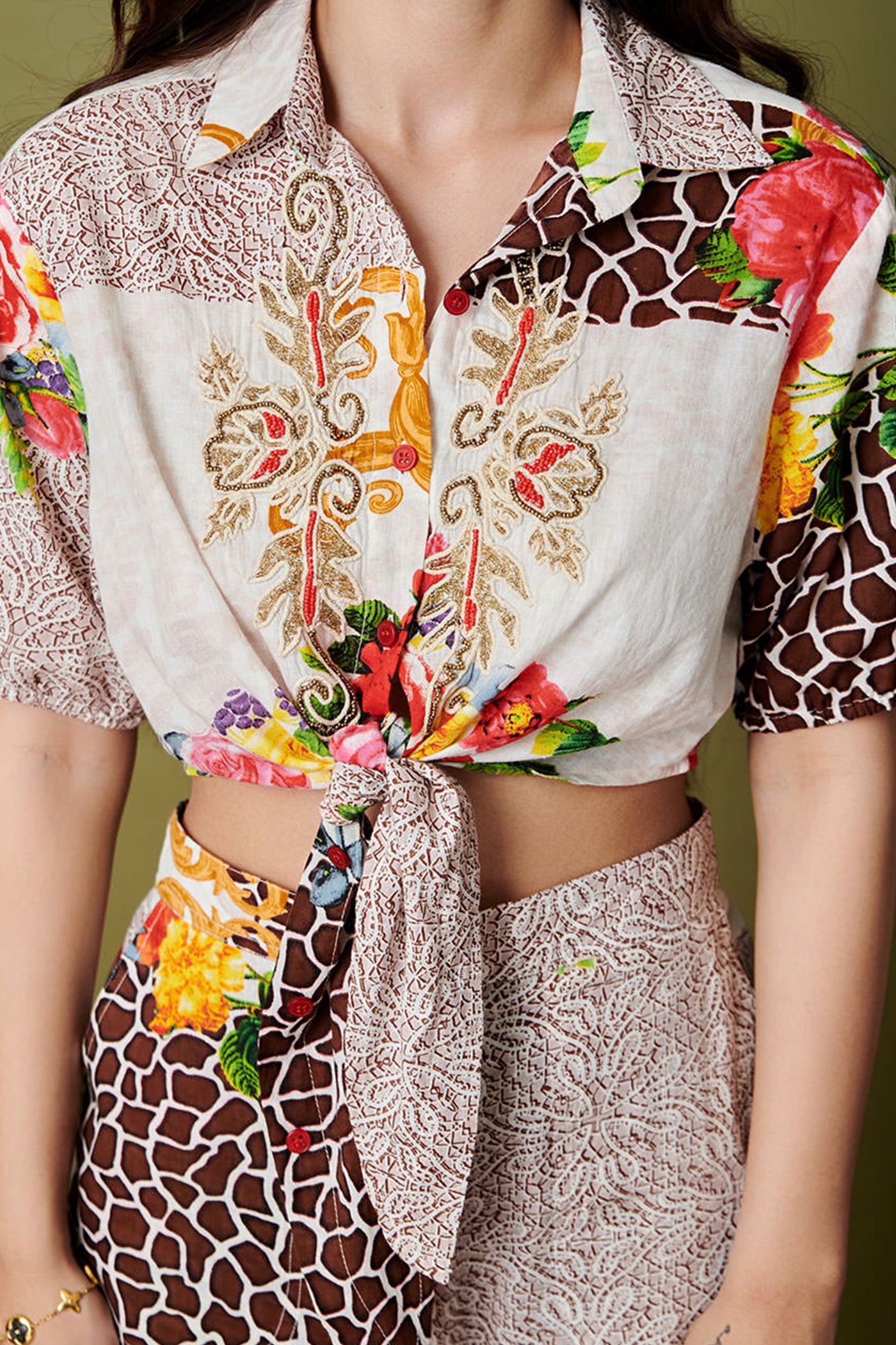printed tie up shirt with pant set