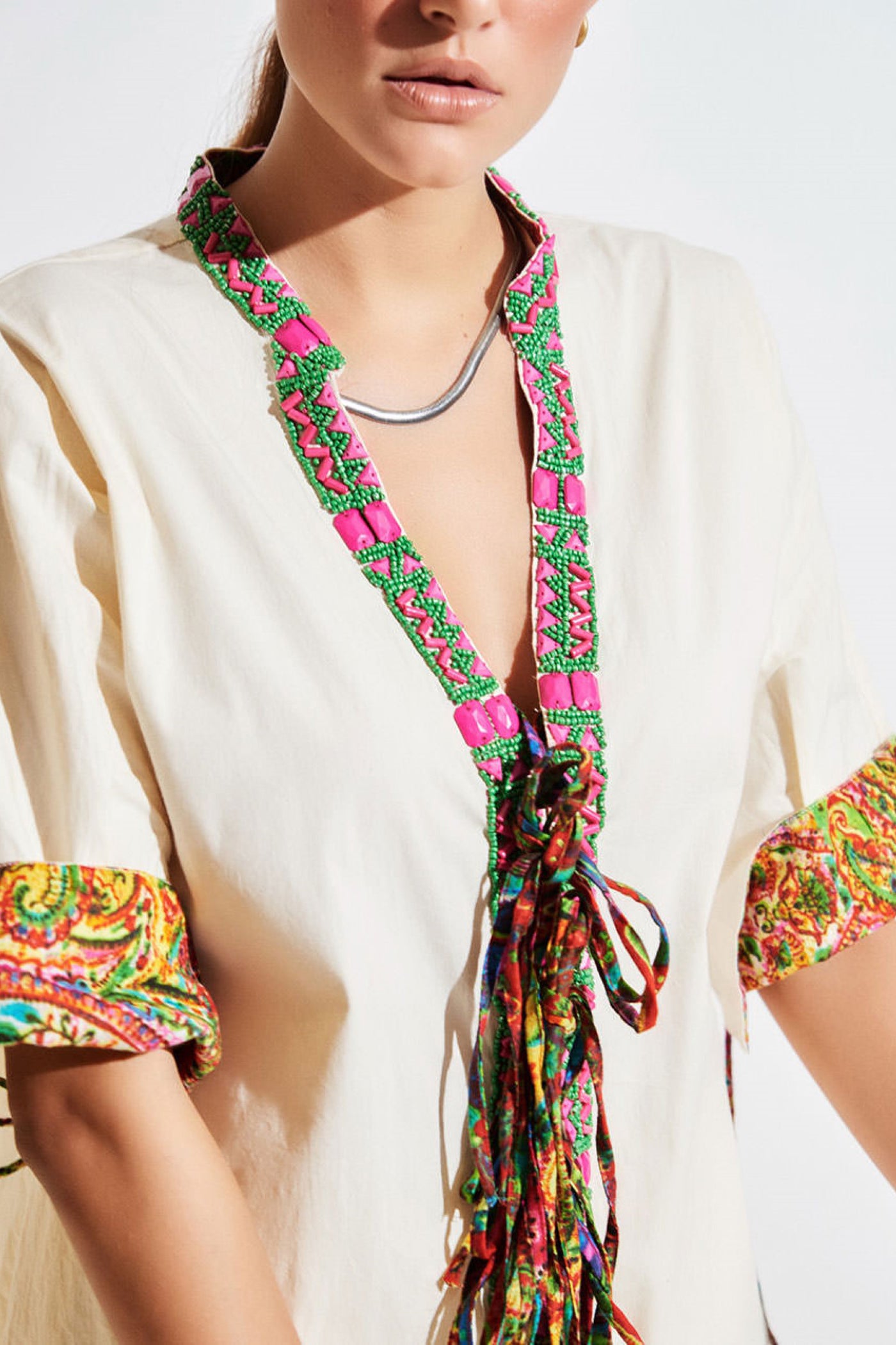 embroided neck top with stylish strings