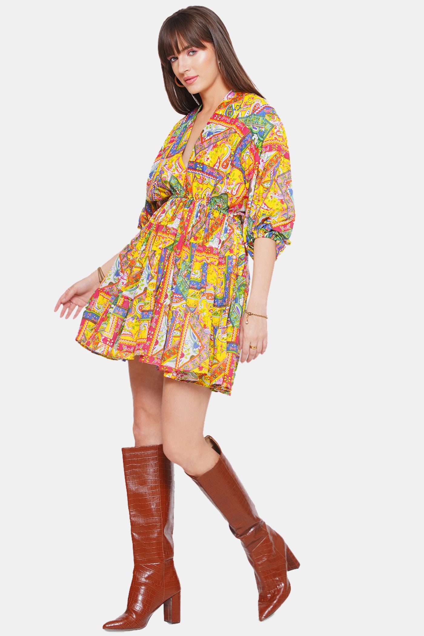 Multi Color Print V Neck Dress