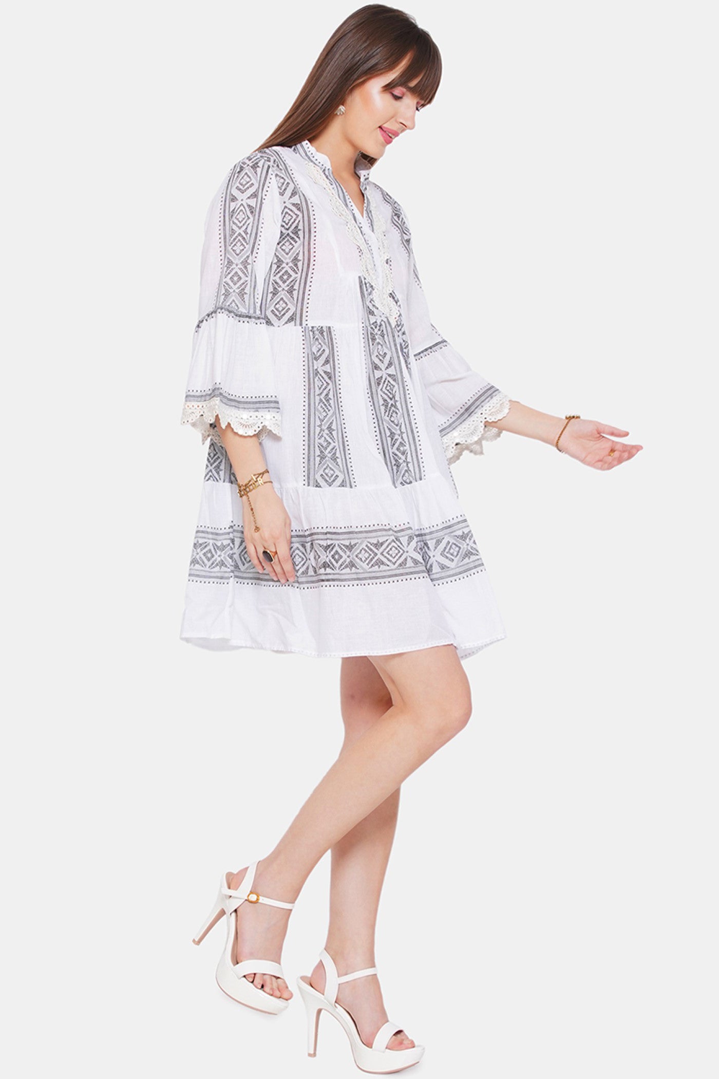 Bell Sleeved White Short Dress