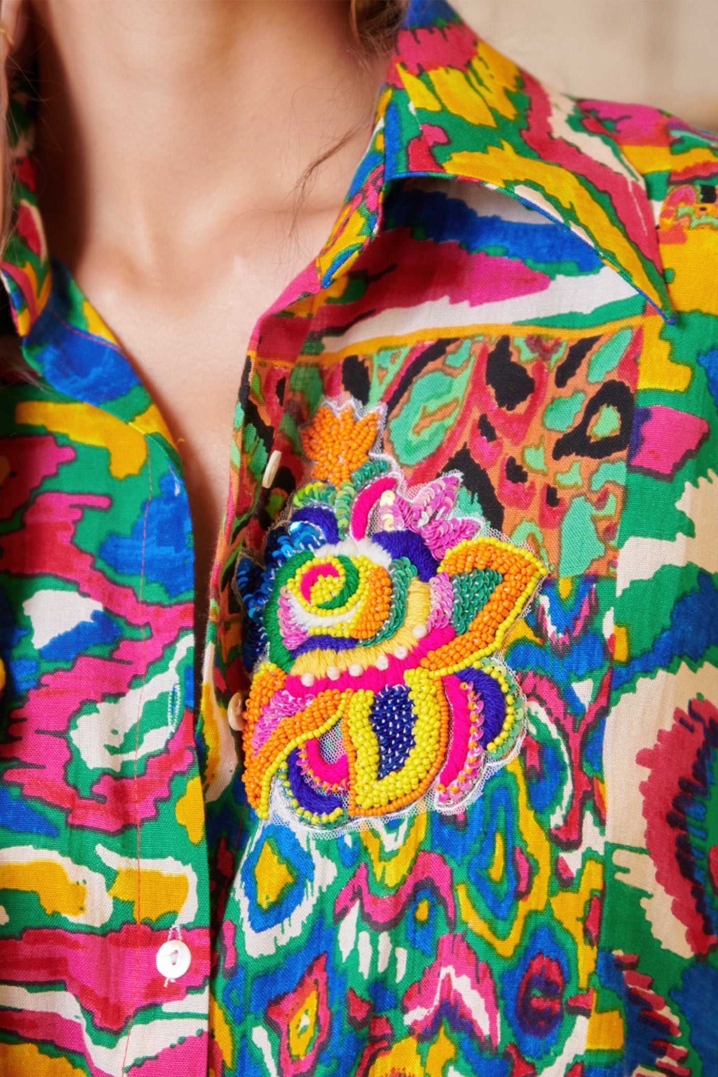 Multicolor Printed Ruched Mini Shirt Dress