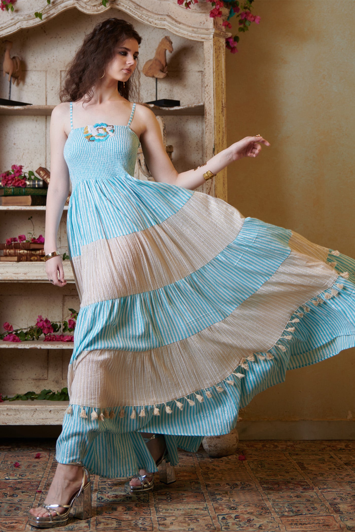 Gurneet Virdi In Pastel Smocking Tier Maxi Dress