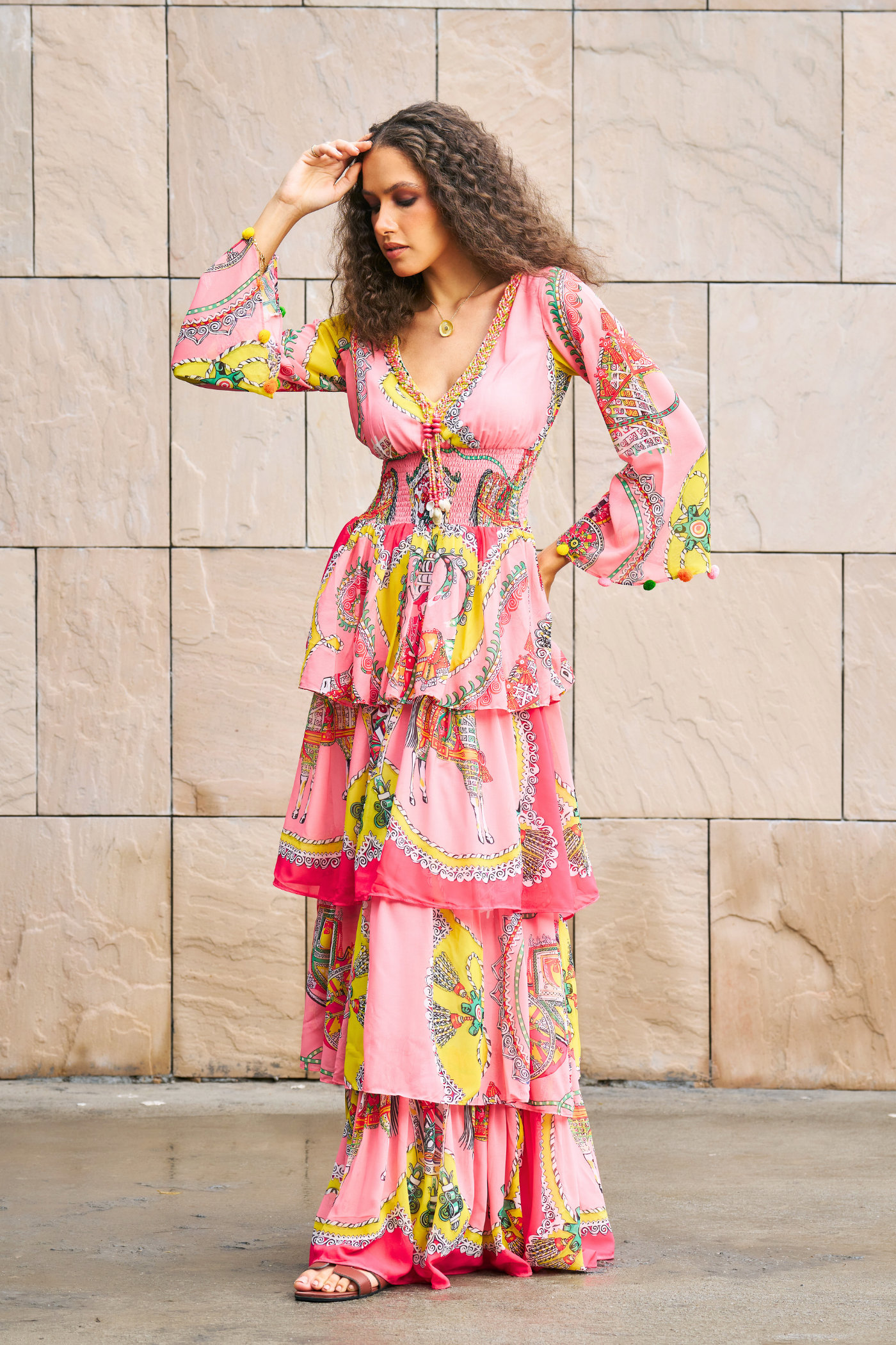 Shiwangi Vijaywargiya Khurana In Peach Printed 4 Tier Maxi Dress