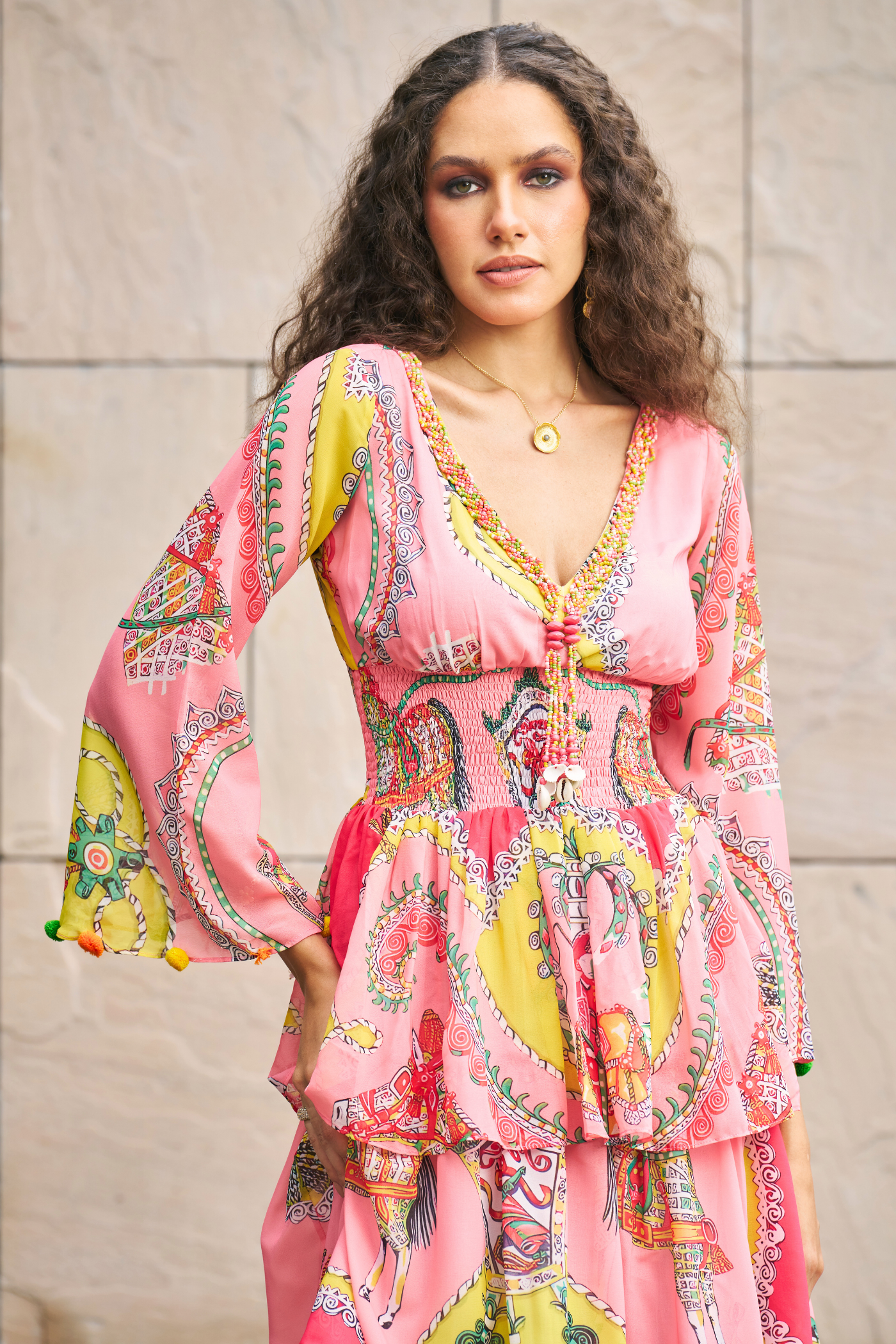 Shiwangi Vijaywargiya Khurana In Peach Printed 4 Tier Maxi Dress