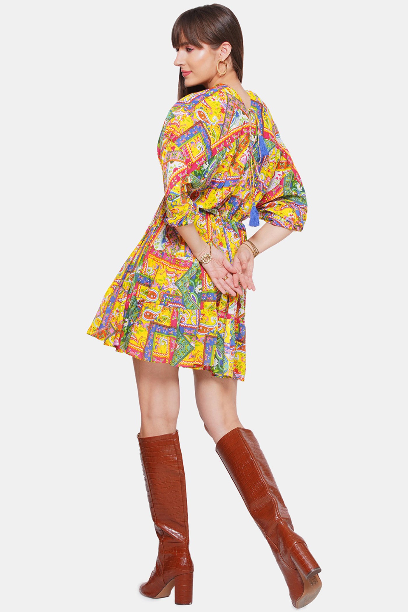 Multi Color Print V Neck Dress