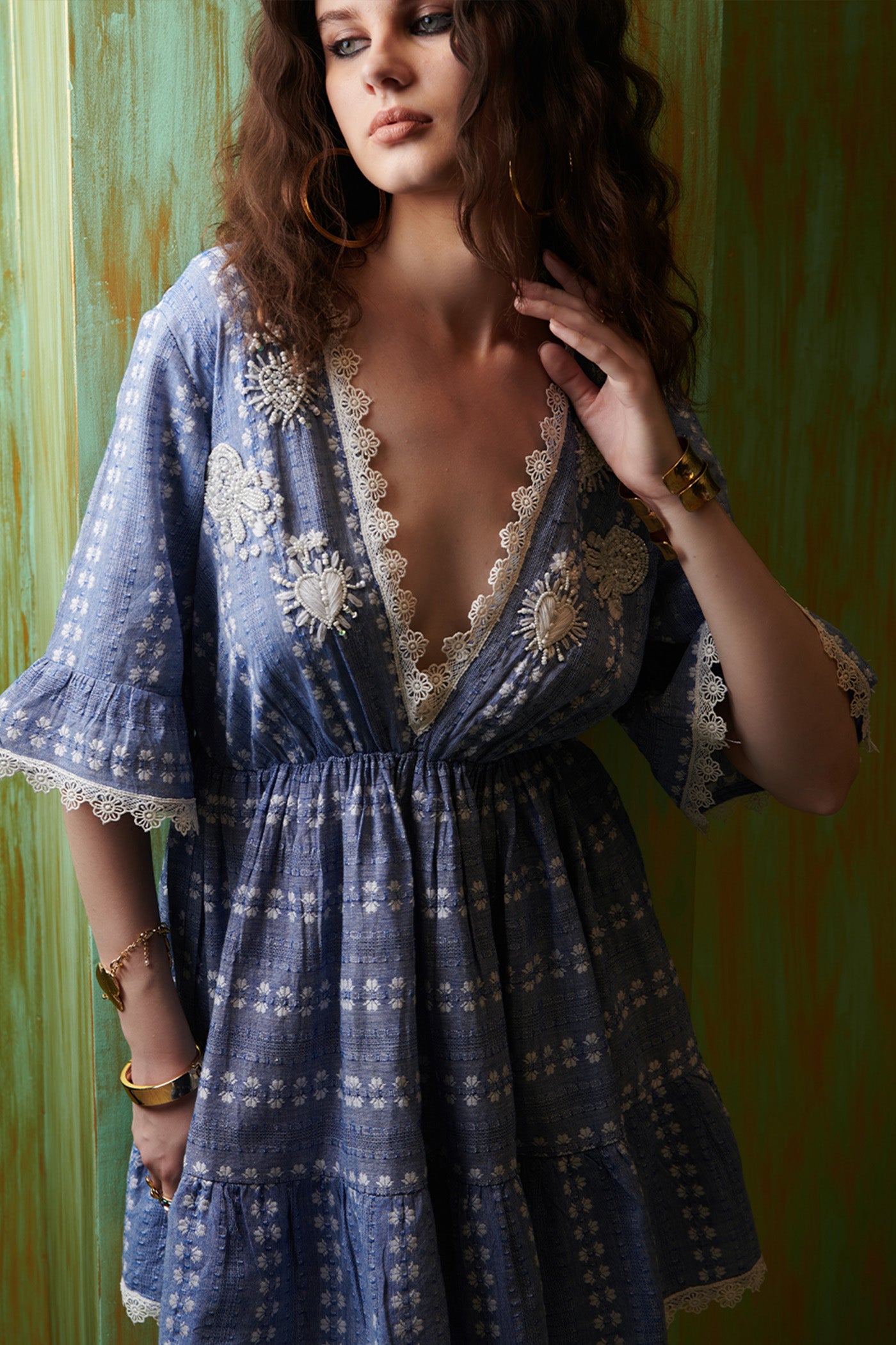 Niharika Ghai In Blue Printed V-Neck Tier Mini Dress