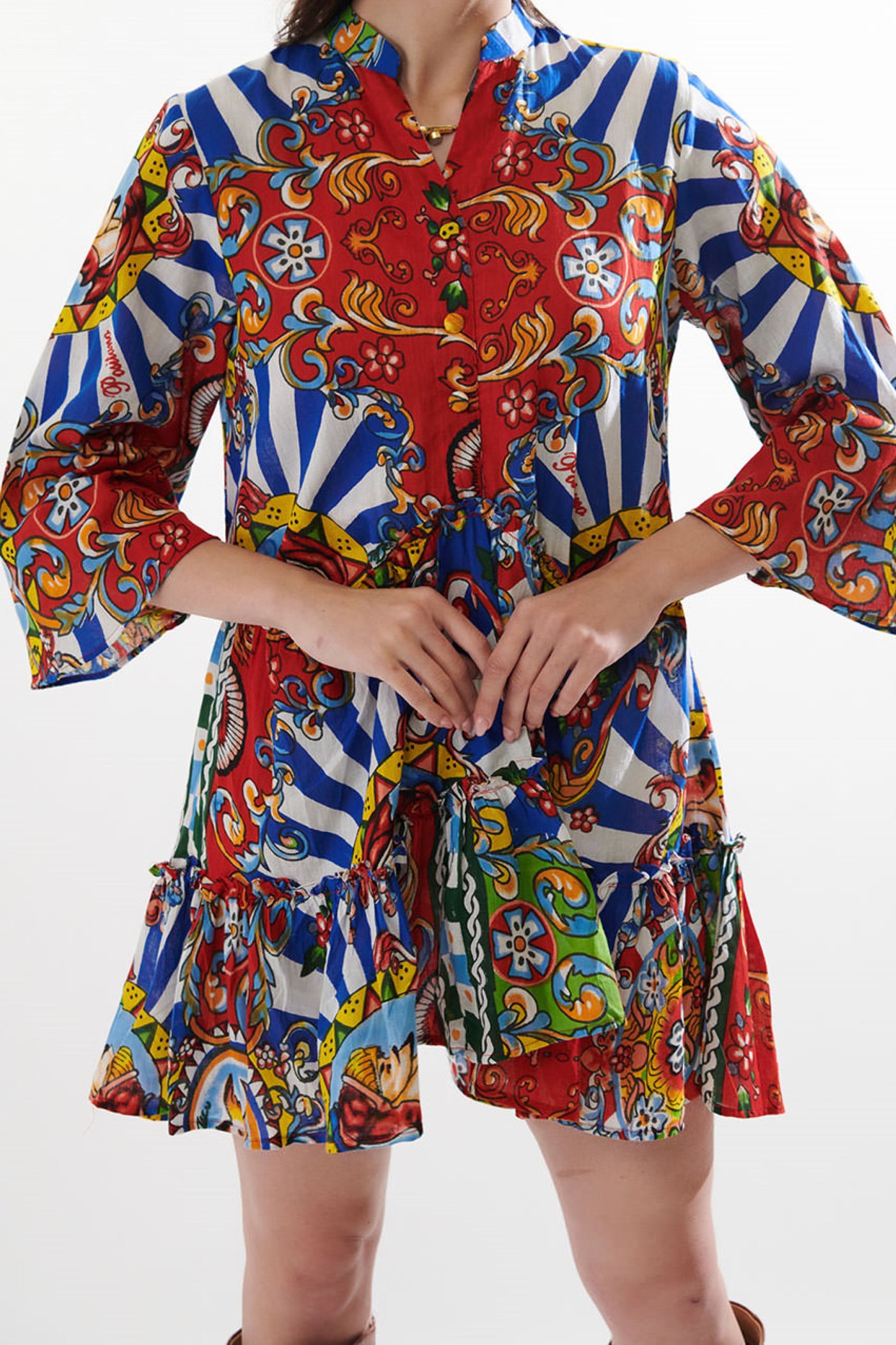 mandarin collar printed shirt dress
