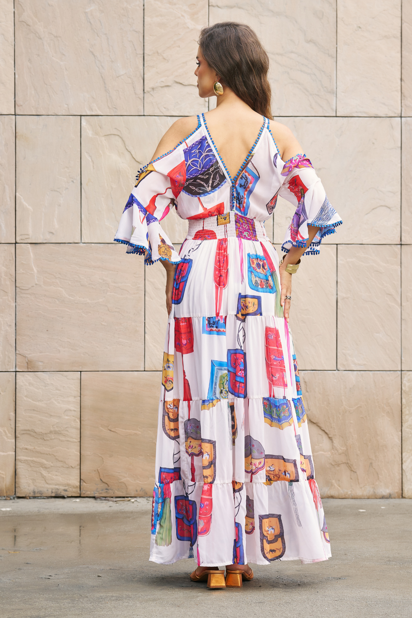 White Printed Cold Shoulder Maxi Dress