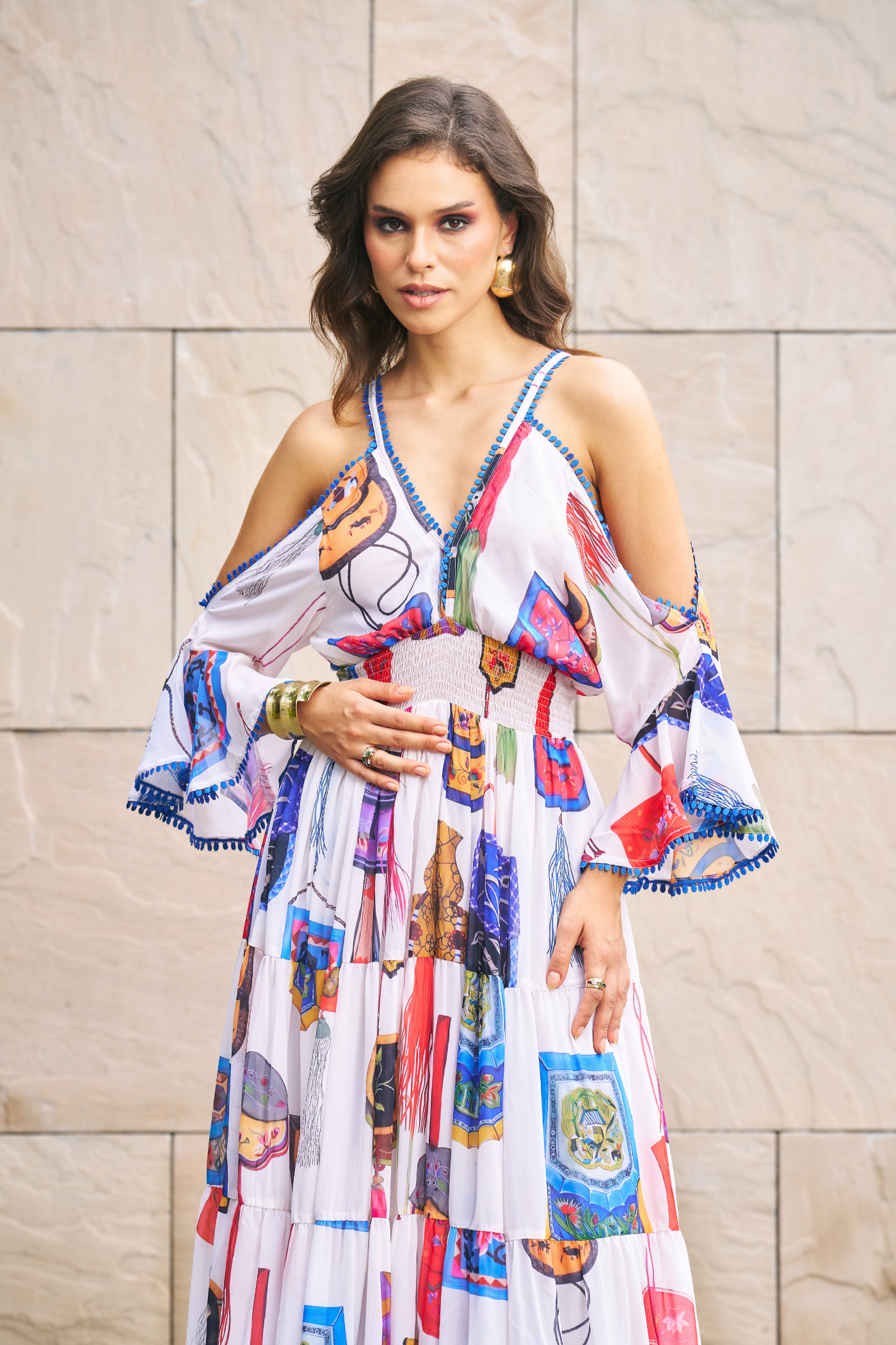 White Printed Cold Shoulder Maxi Dress