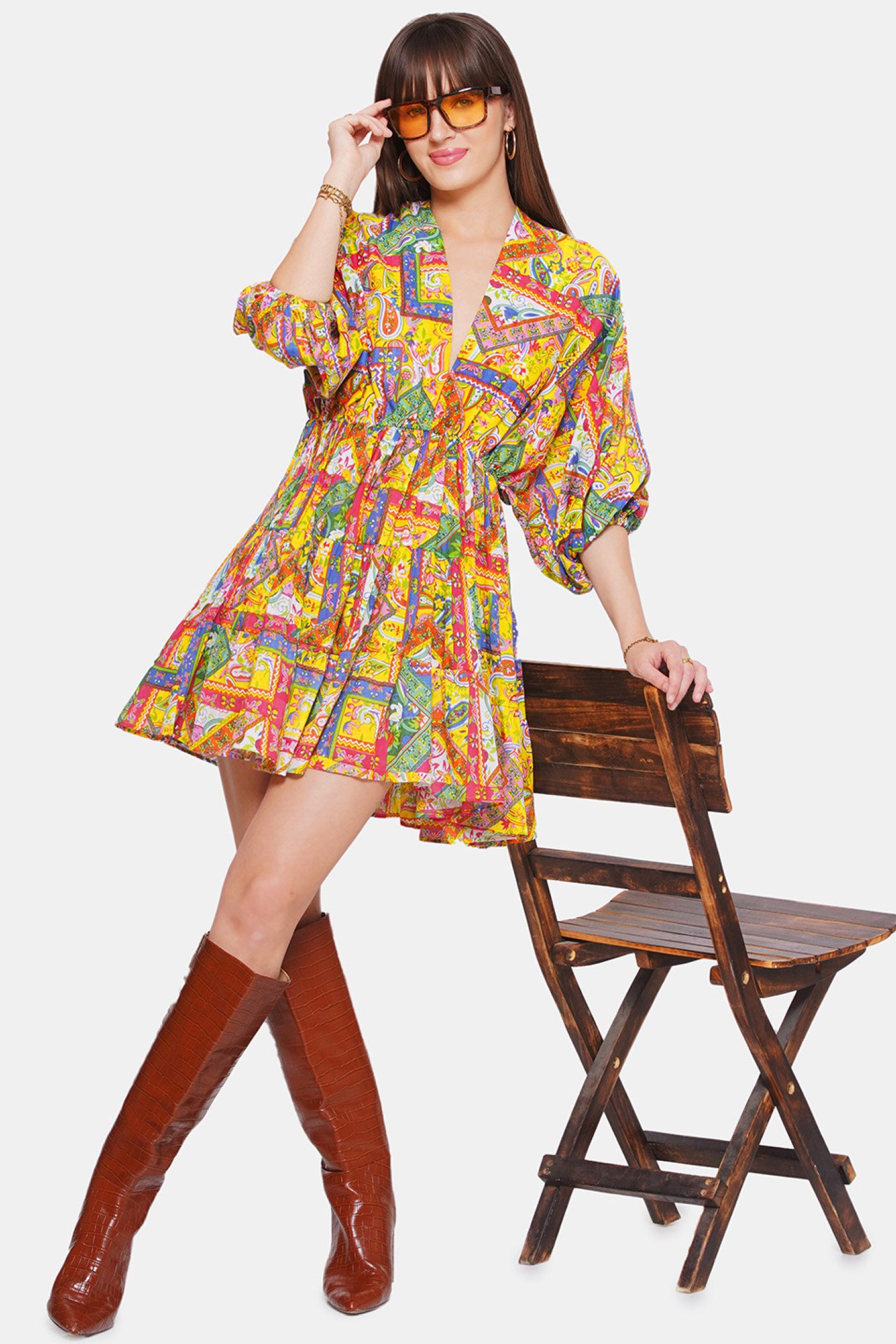 Multi Color Print V Neck Dress