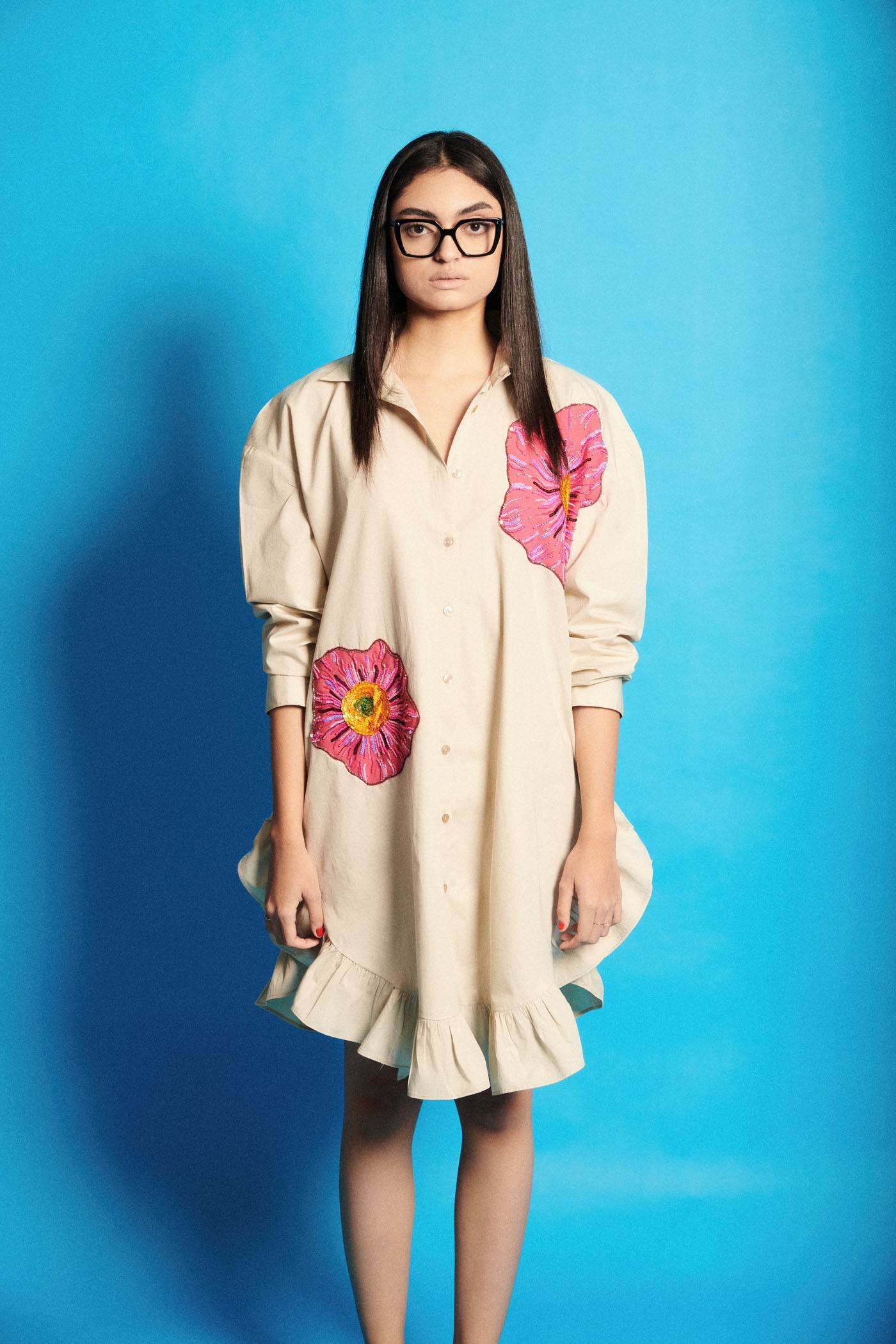 Flower Embroidered Poplin Shirt Dress