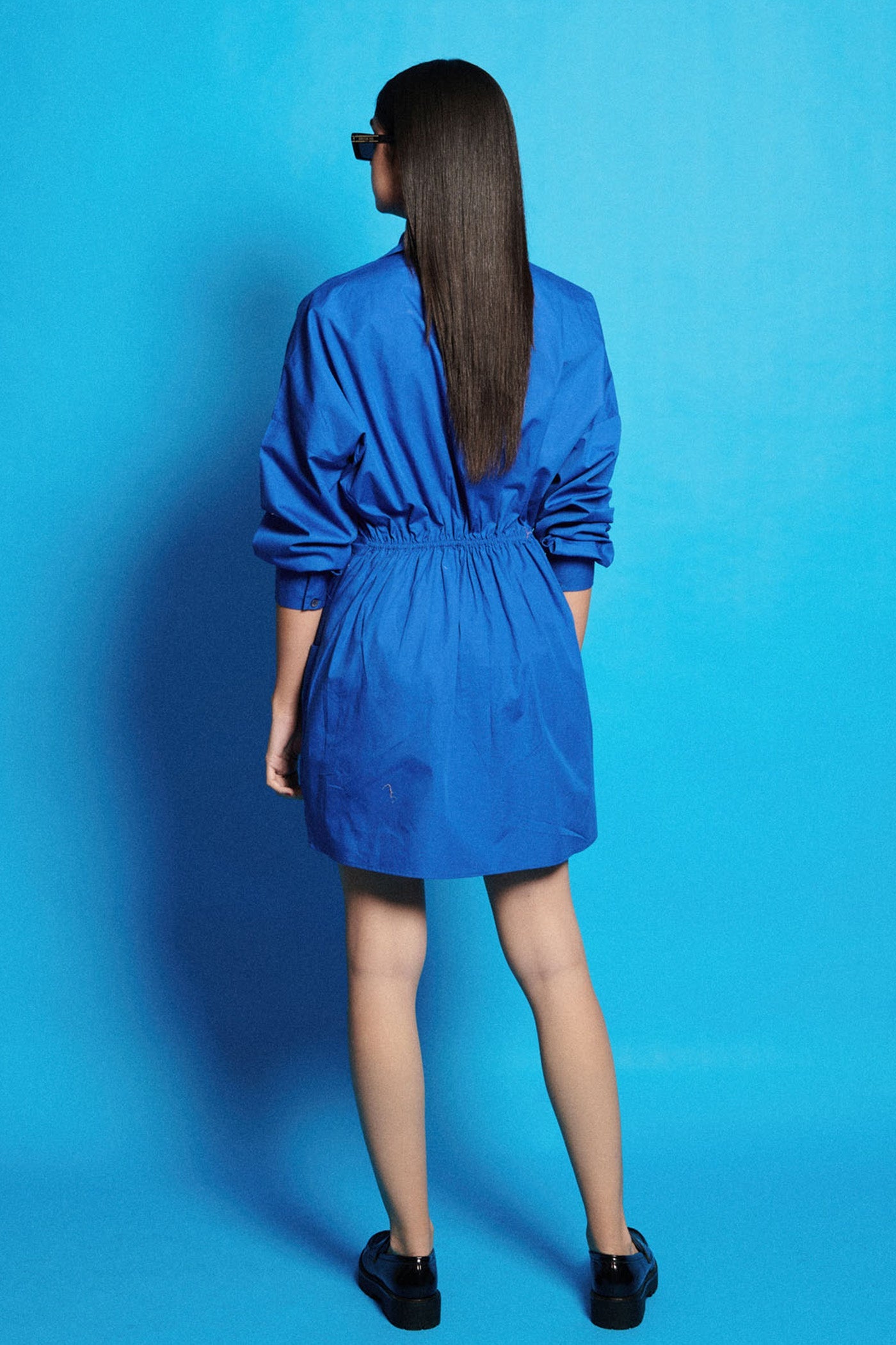 Janice In Ruched Asymmetric Blue Hem Poplin Dress