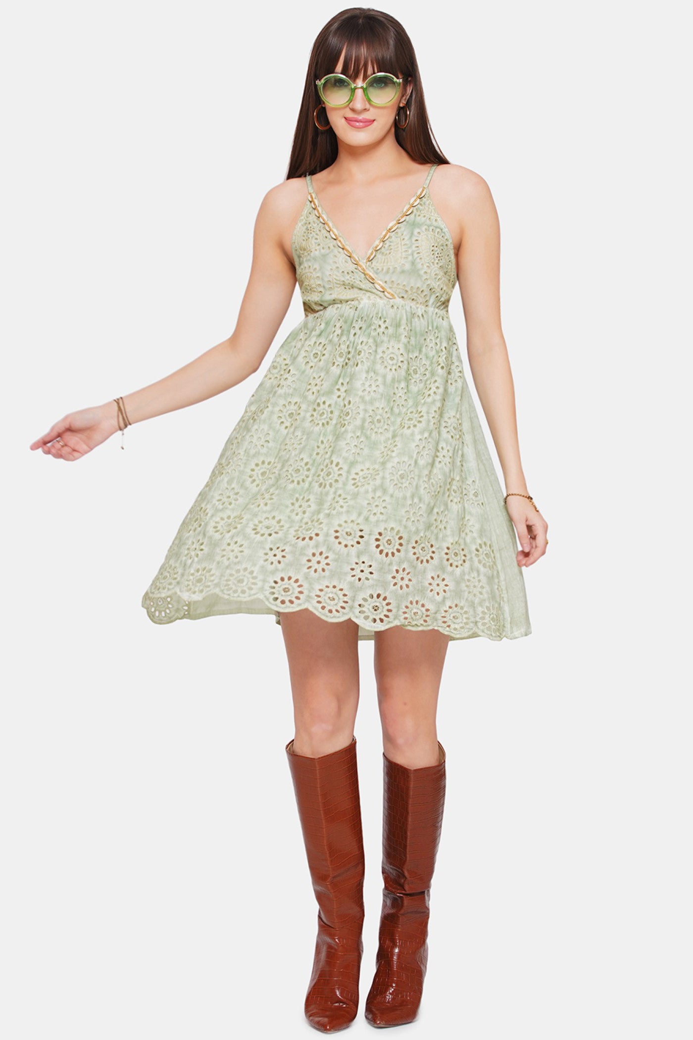 V Neck lace detailed Short Dress