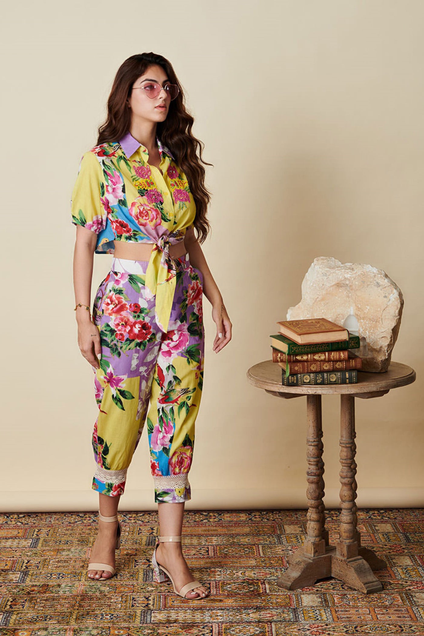 embroidered crop top with pants set