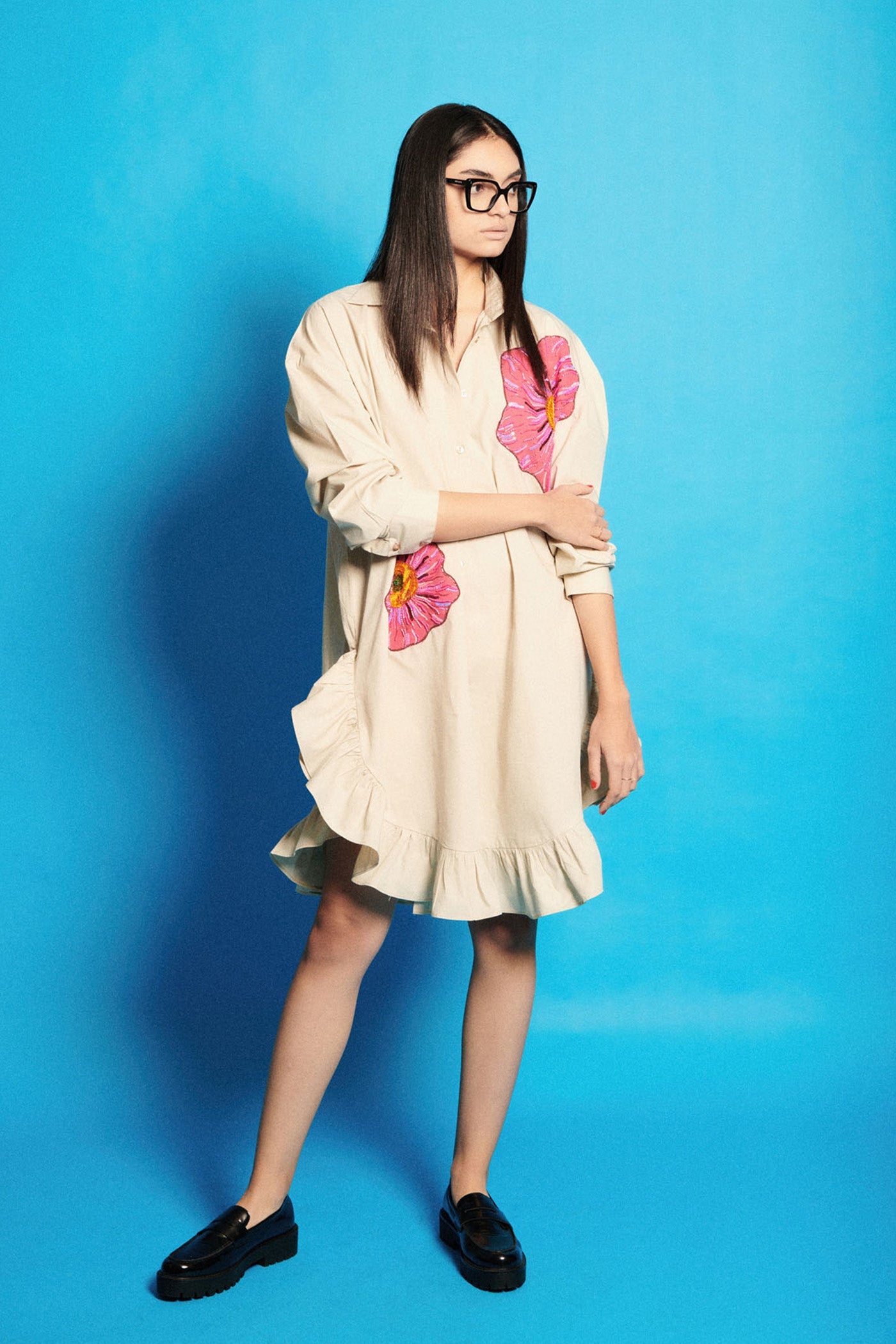 Flower Embroidered Poplin Shirt Dress