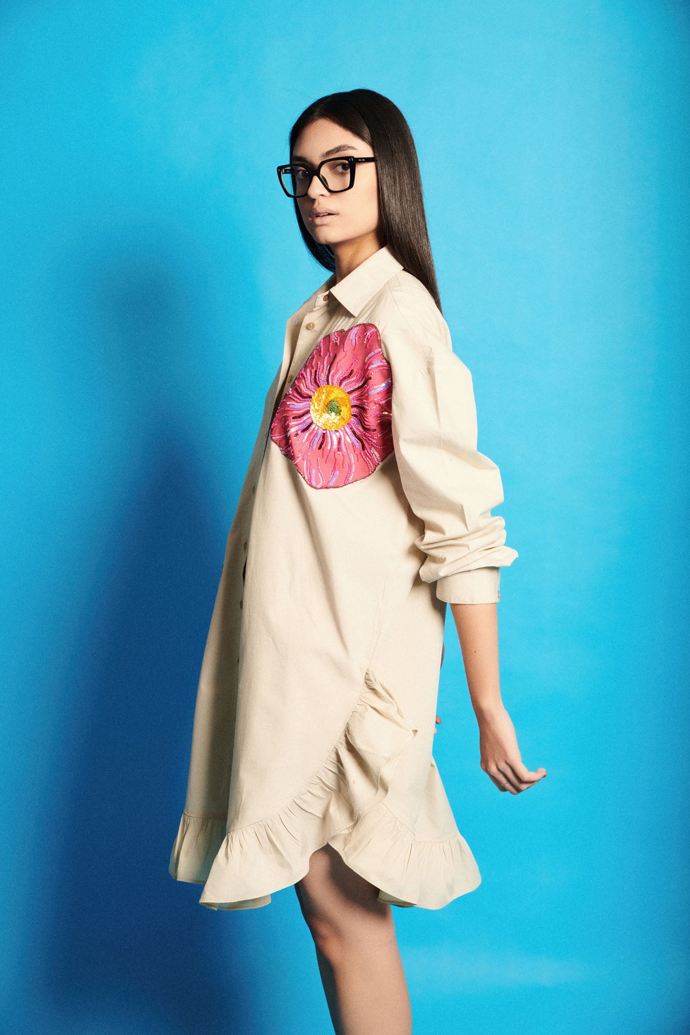 Flower Embroidered Poplin Shirt Dress