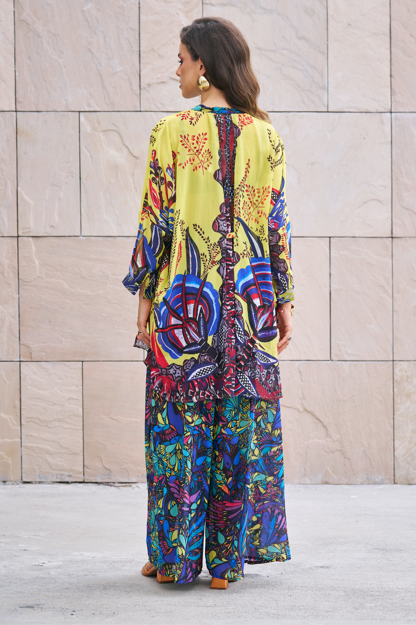 Printed Long Top With Wide Leg Pants