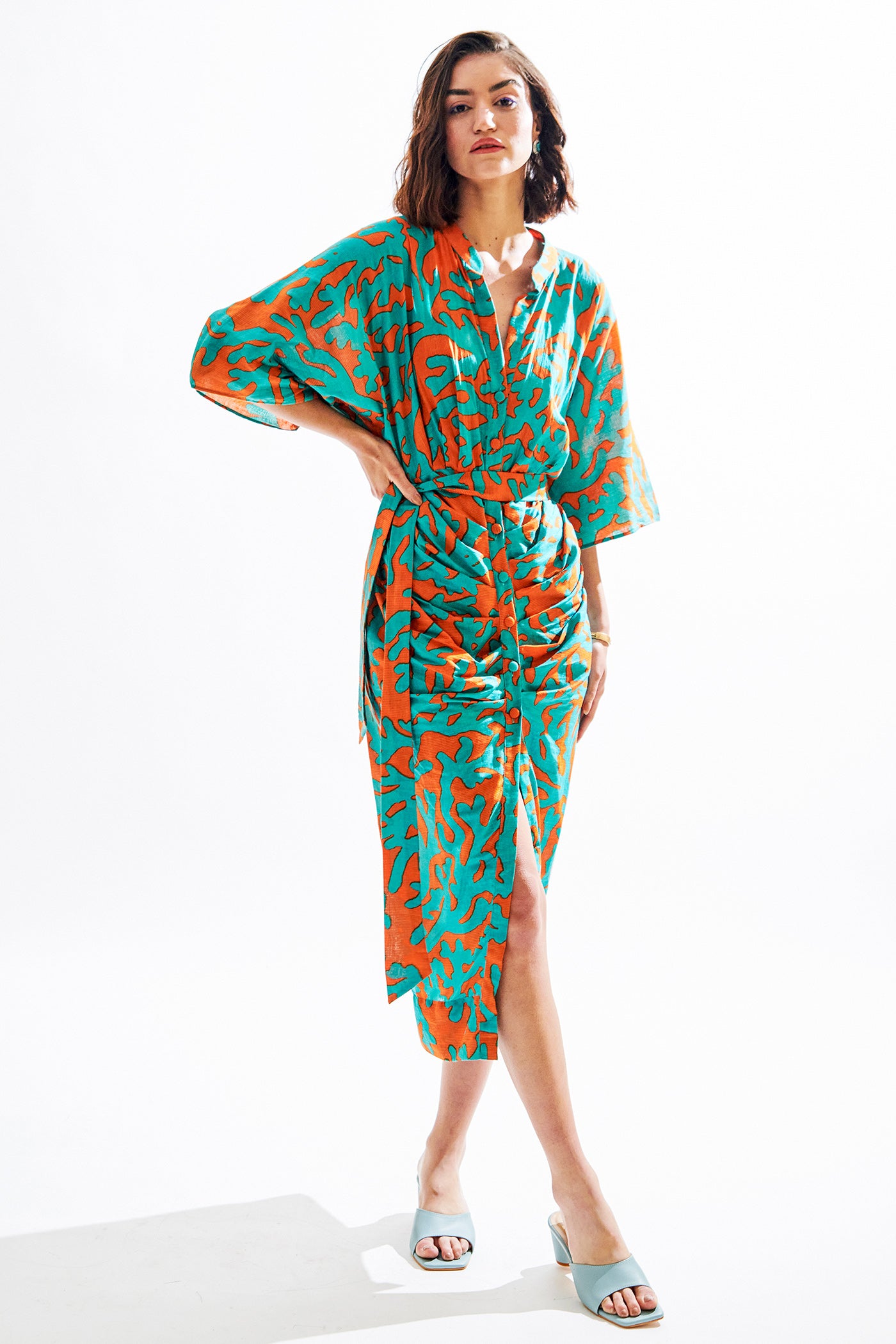 teal green orange printed dress