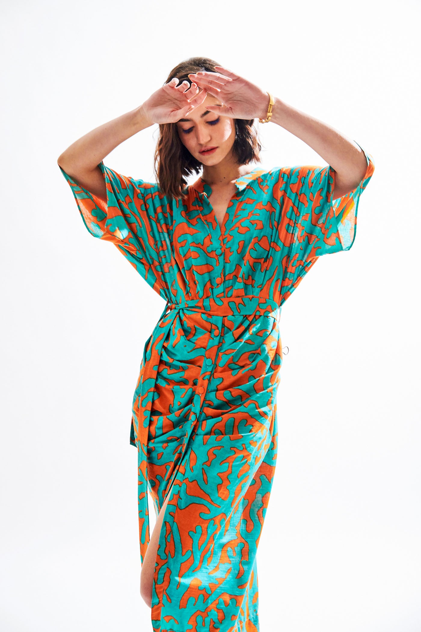 teal green orange printed dress