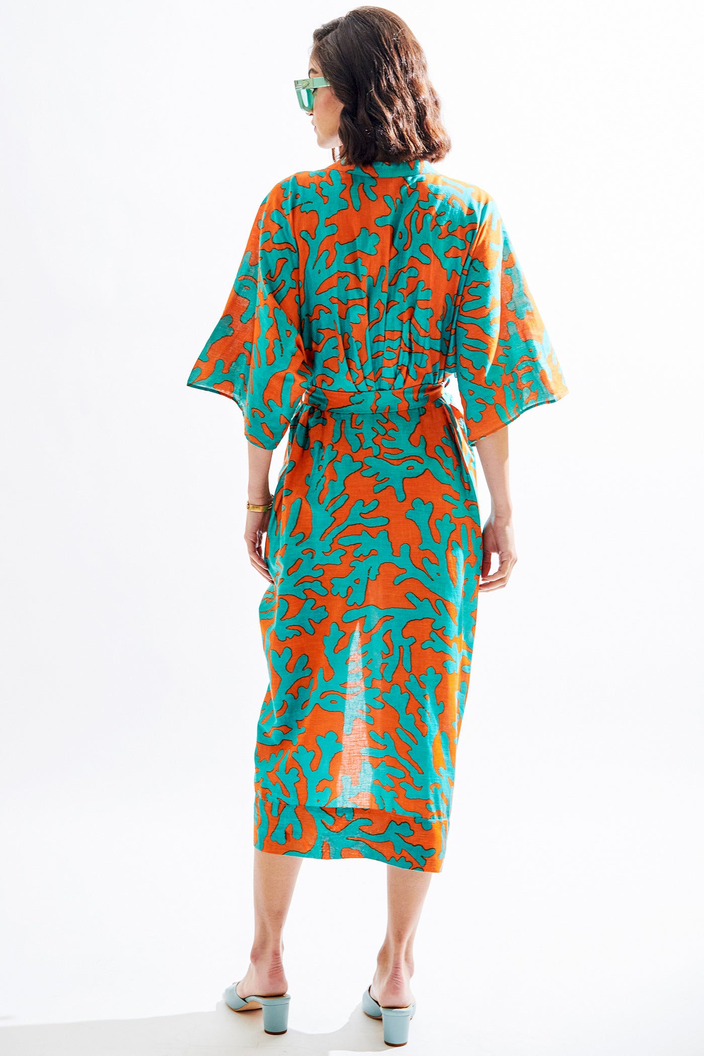 teal green orange printed dress