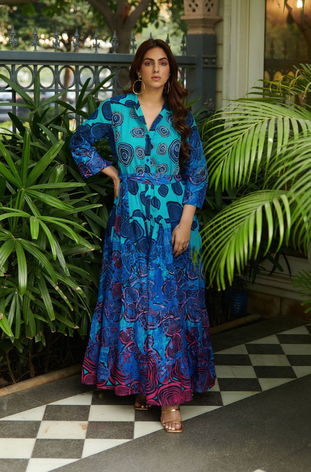 Indigo Printed quarter sleeve maxi dress