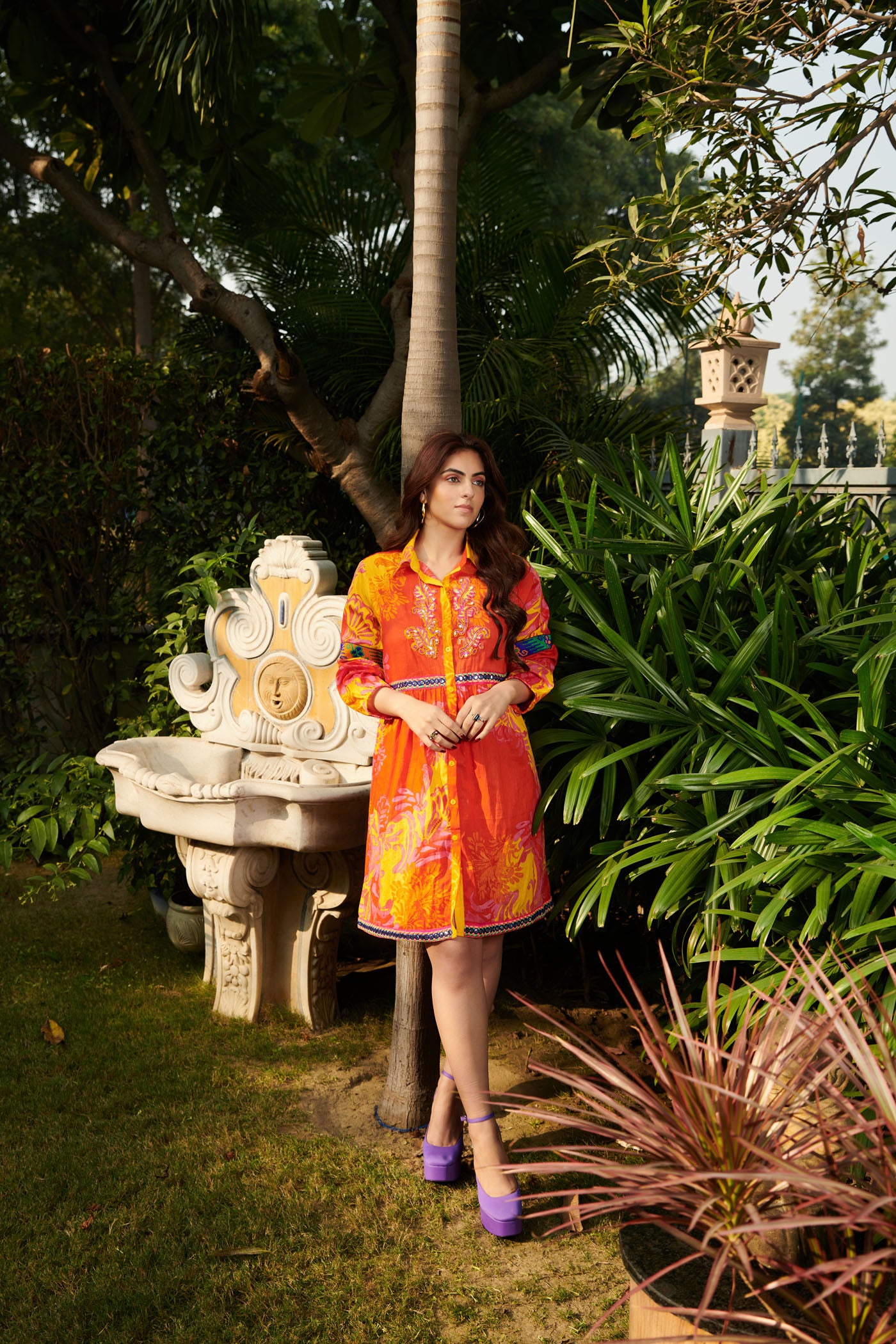 Orange printed shirt dress