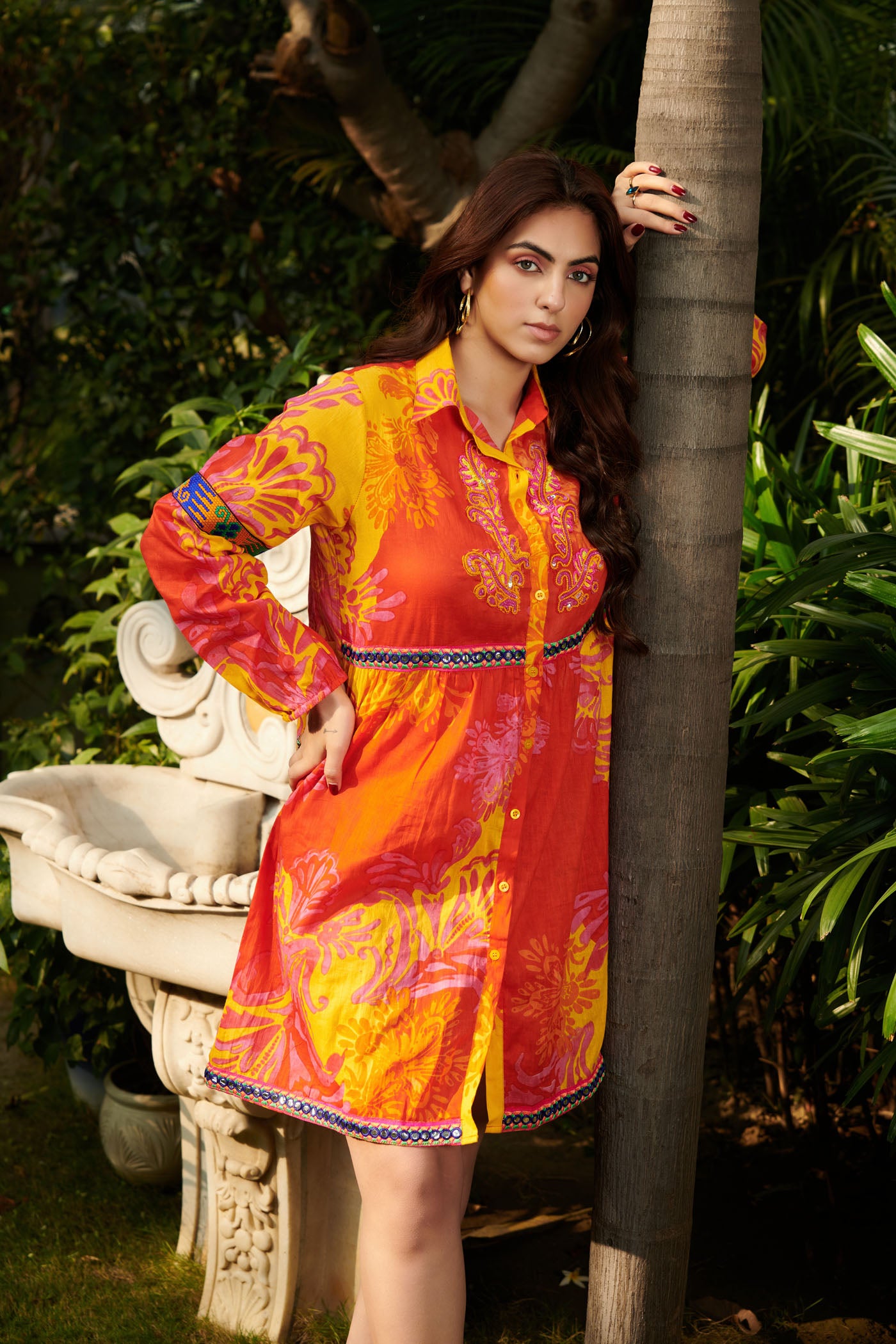 Orange printed shirt dress