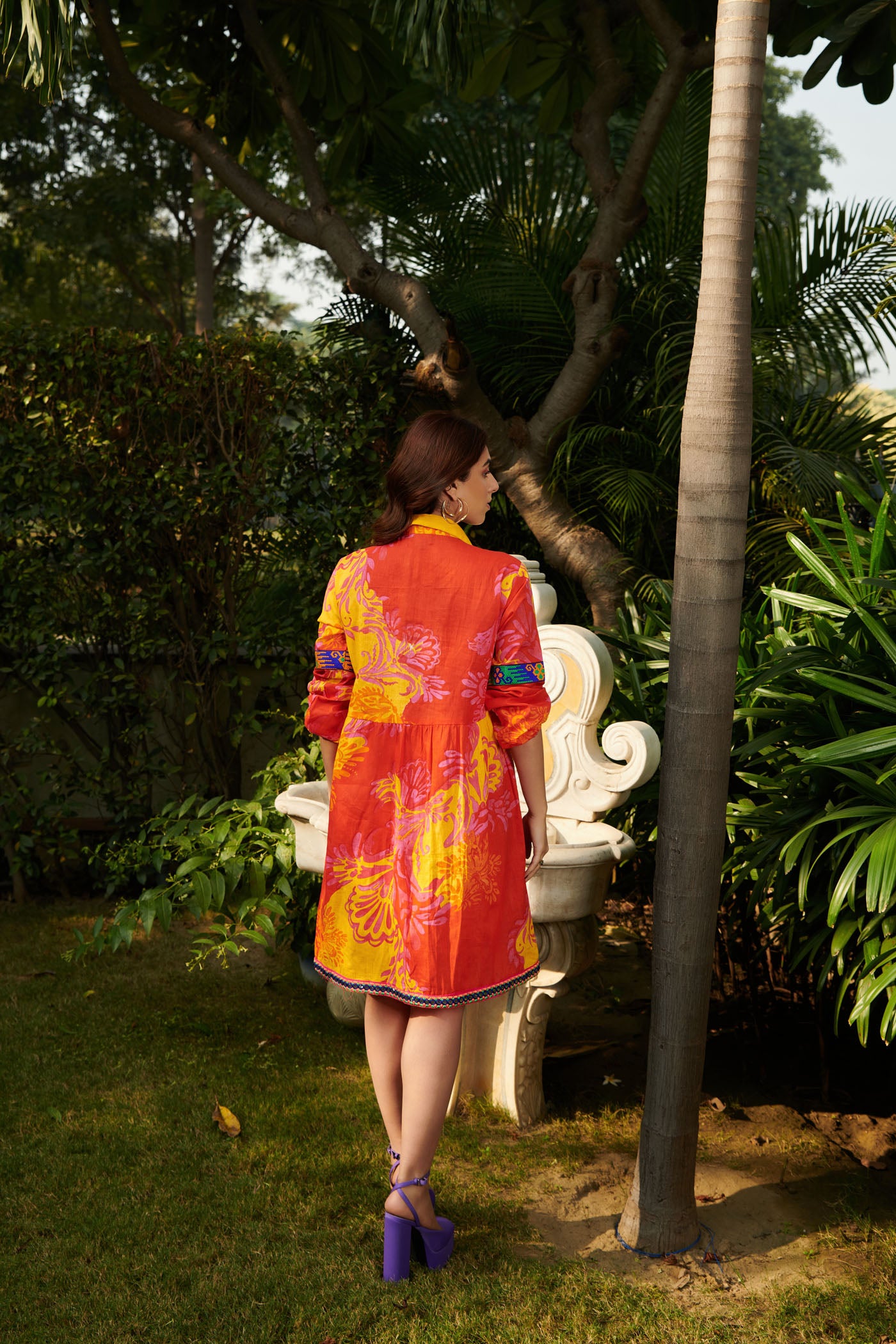 Orange printed shirt dress